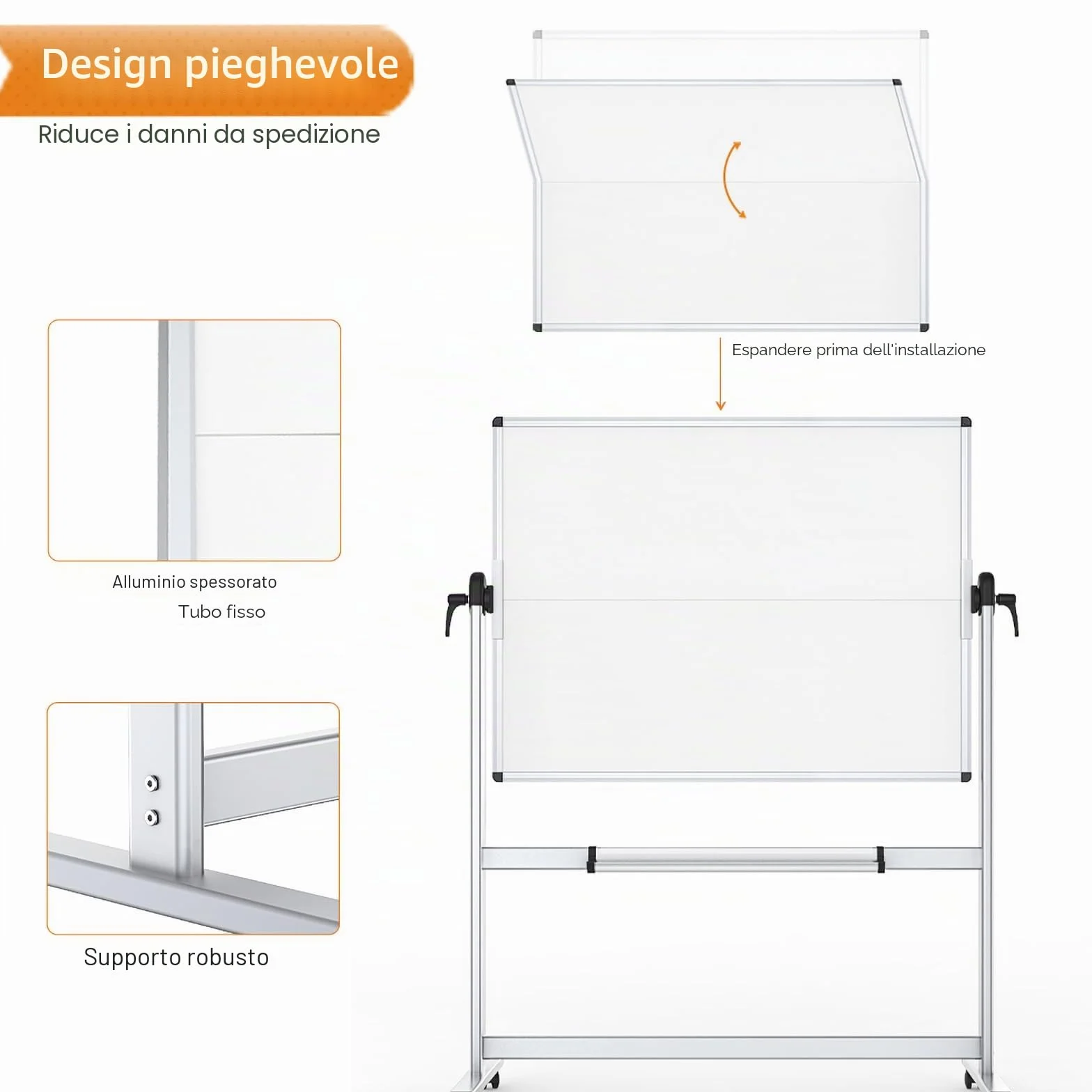 VIZ-PRO Lavagna bianca mobile bifacciale, 120 x 90 cm, lavagna bianca magnetica con rotella cancellabile a secco su ruote, telaio in alluminio e supporto