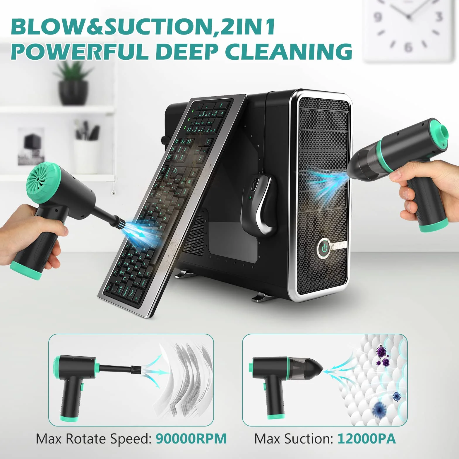 2 in 1 Aspirapolvere Per Computer e Elettrico Rimuovi Polvere,90000RPM Aria Compressa Senza Fili spray e 12Kpa Mini Aspirapolvere (3 Velocità, 7000mAh,Con Luce a LED) perTastiera,PC,Pulizia Casa,Auto