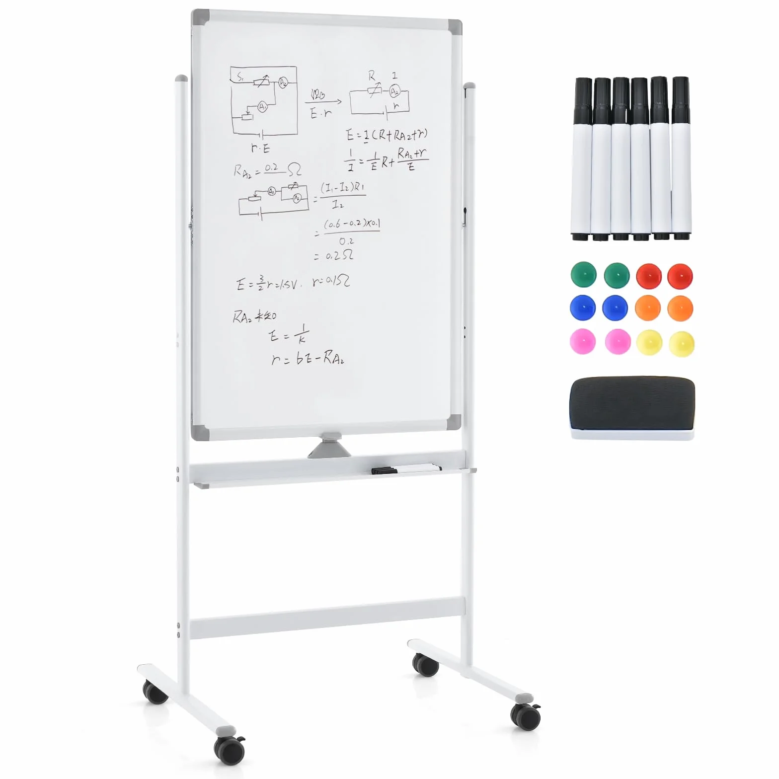 GYMAX Lavagna Magnetica con 4 Ruote, Lavagna Bifacciale con Set di Accessori, Cancellabile a Secco, Lavagna Mobile Regolabile in Altezza, per Scuola, Ufficio, Casa (60 x 90cm, Bianco)