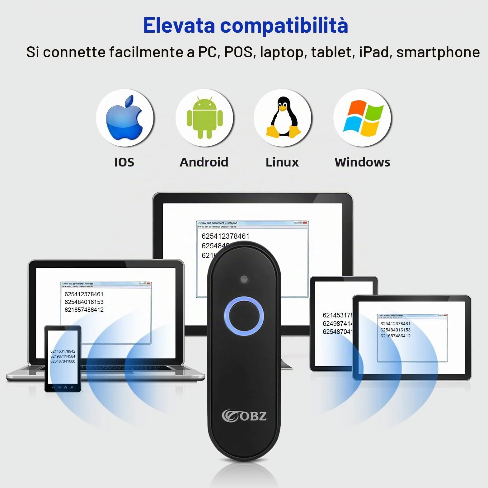 OBZ Mini Lettore Codice a Barre Wireless 2D 1D Lettore Barcode Bluetooth Portatile Lettore QR Code 2.4G USB Scanner di Codici a Barre Sanza Fili Barcode Scanner per iOS, Android, Tablet, PC, POS