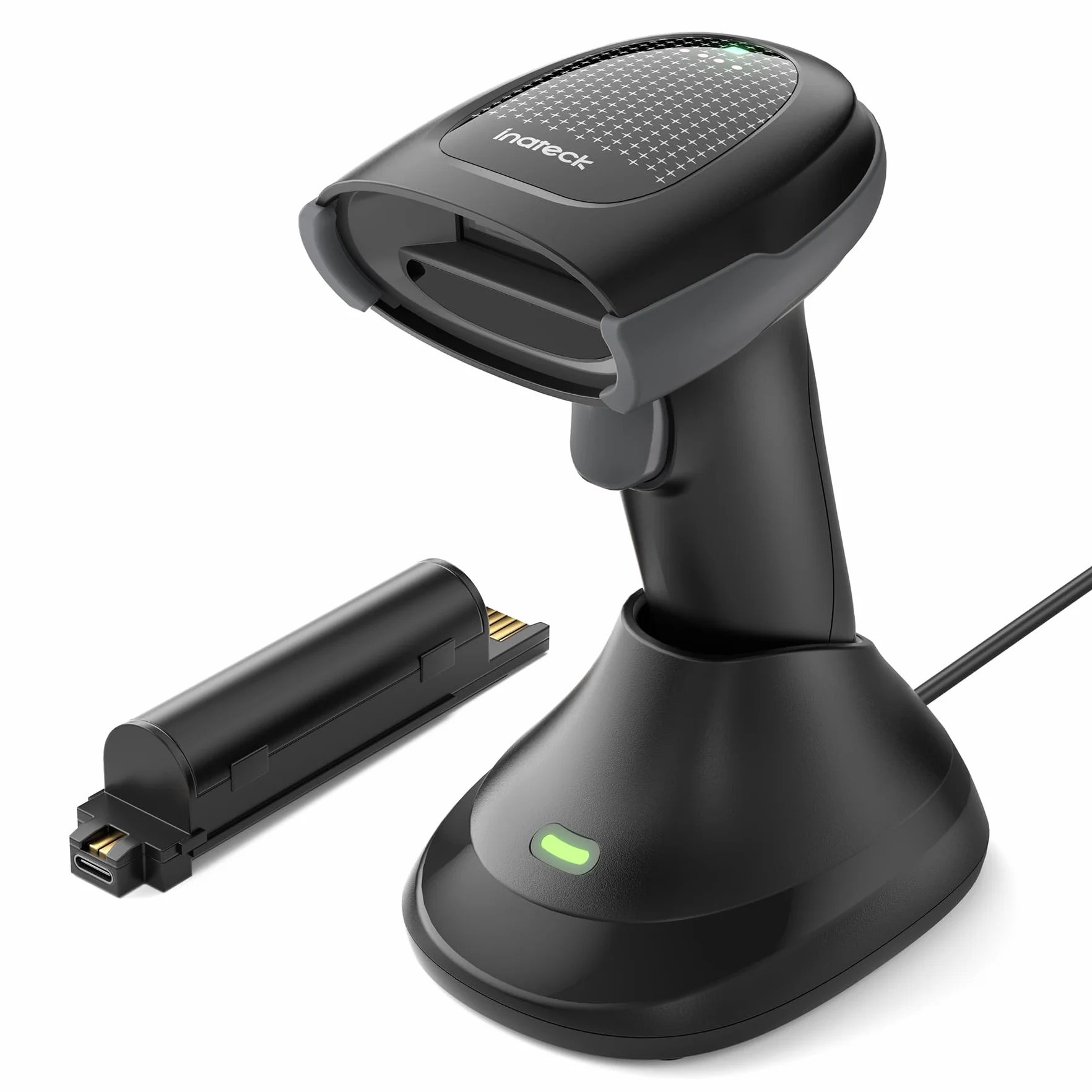 Inateck Lettore Codice a Barre Wireless 1MP 2D QR, Barcode Scanner Bluetooth con Base di Ricarica, 2 x 2000mAh Batterie Sostituibili per Magazzino, Logistica e Inventario