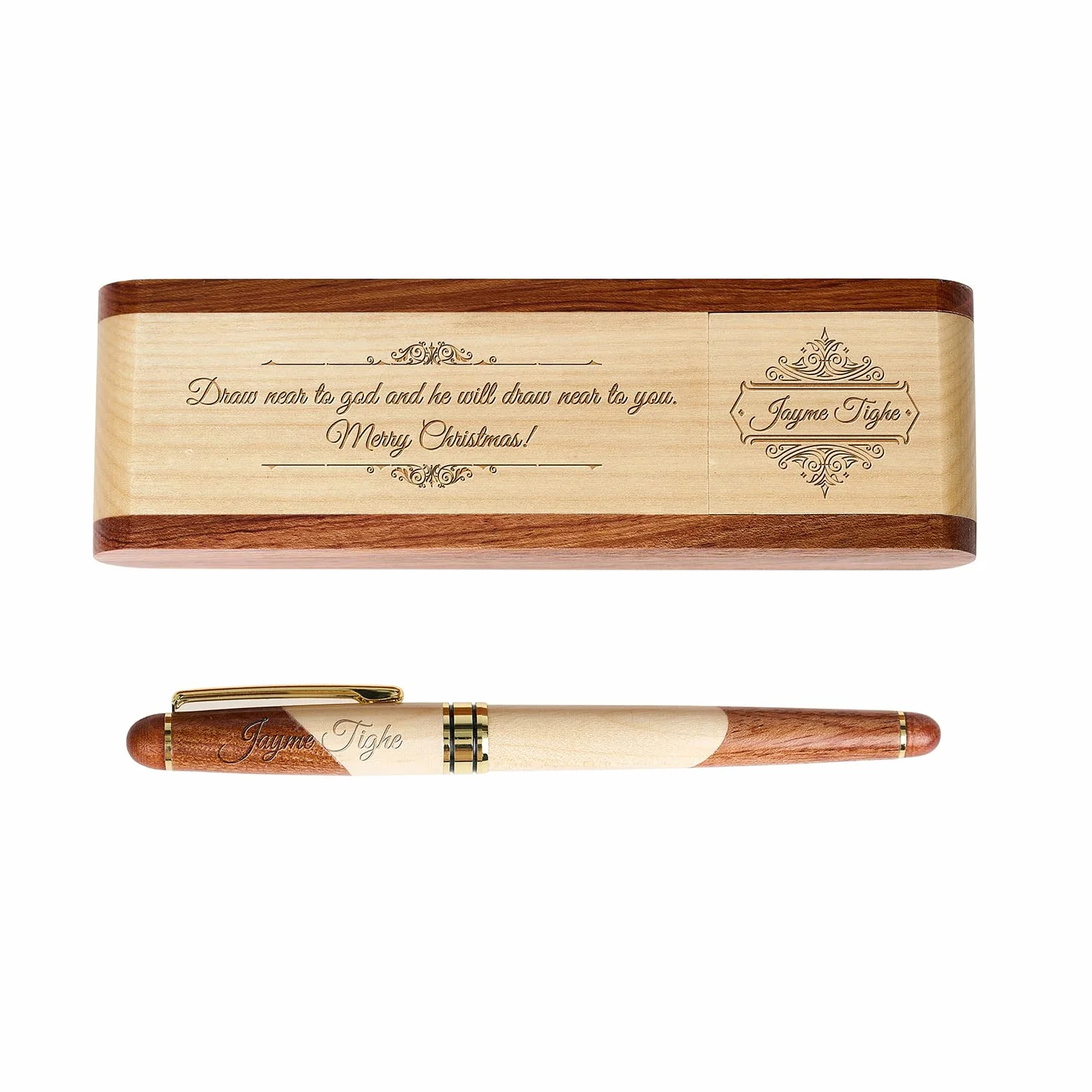 Set di penne in legno incise, penna esecutiva e scatola con personalizzazione gratuita, penna a sfera con custodia per regalo (B)