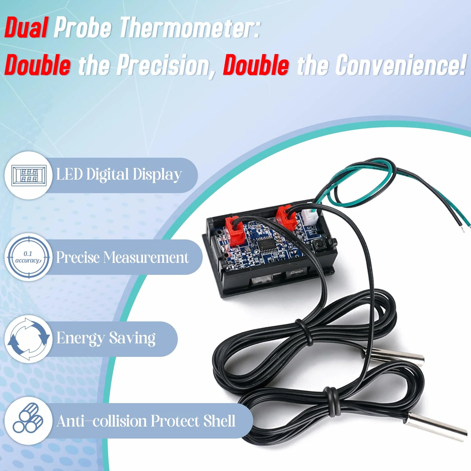 Termometro Digitale con 2 Sonde Impermeabili Doppio Display LED DC 4-28V -55～120℃ Rosso&Blu