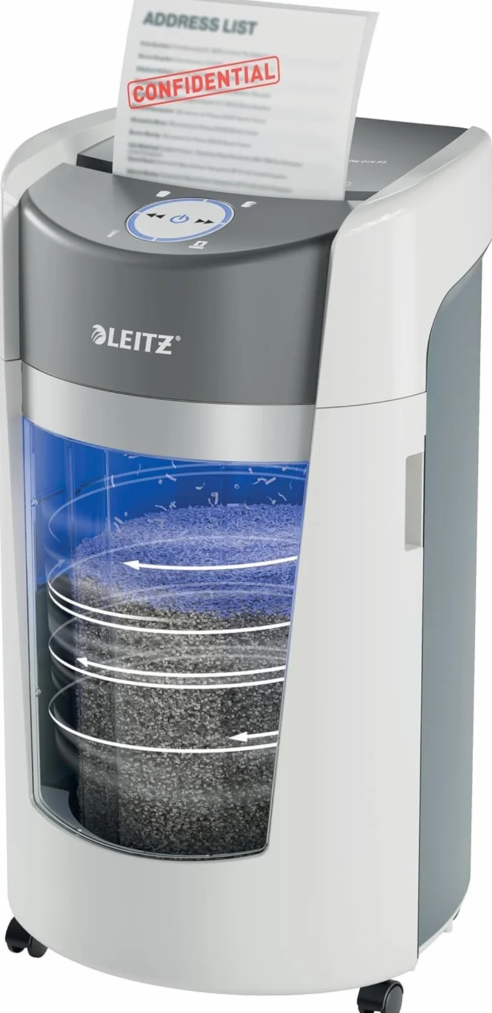 Leitz IQ OptiMax Office P5 Distruggidocumenti Professionale a Taglio Micro, Distrugge 12-10 Fogli, Tecnologia di Rotazione del Cestino e capacità extra del 33%, Silenzioso, Cestino da 35 L, 83600000