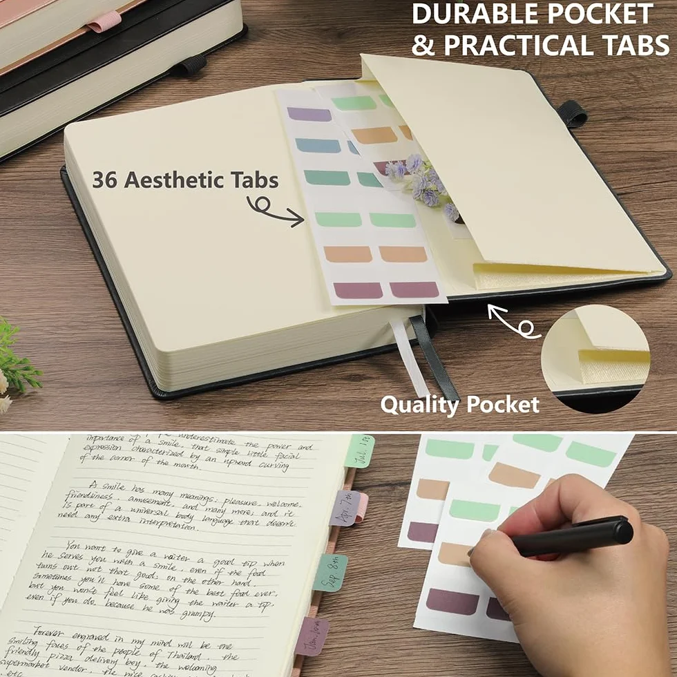 Hoci Poci Taccuino a righe, 400 pagine spesse per scrittura, formato A5, copertina rigida in pelle, con carta a righe da 100 g/m², per donne e uomini, per prendere appunti, 14,7 x 21,3 cm, nero
