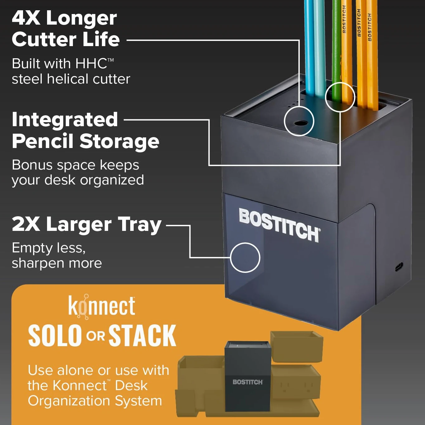 Bostitch Konnect - Temperamatite a batteria ricaricabile per organizer da scrivania KT2 n. 2/matite colorate, nero
