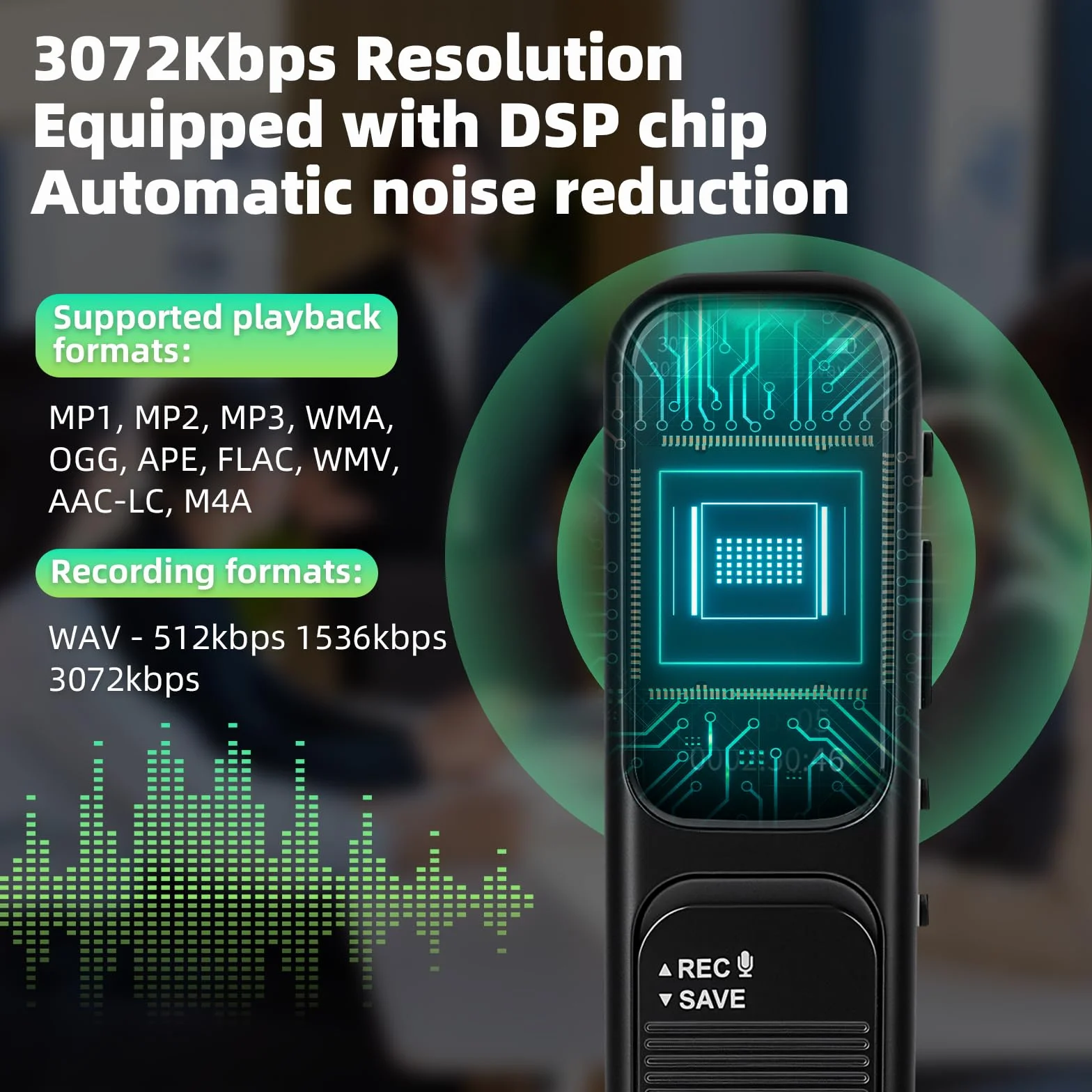 64GB Registratore Vocale Professionale - 3072kpbs Registratori Vocali Digitali Portatile con Attivazione Vocale, Registratore Audio per Chiamate Riunioni Lezioni Colloqui