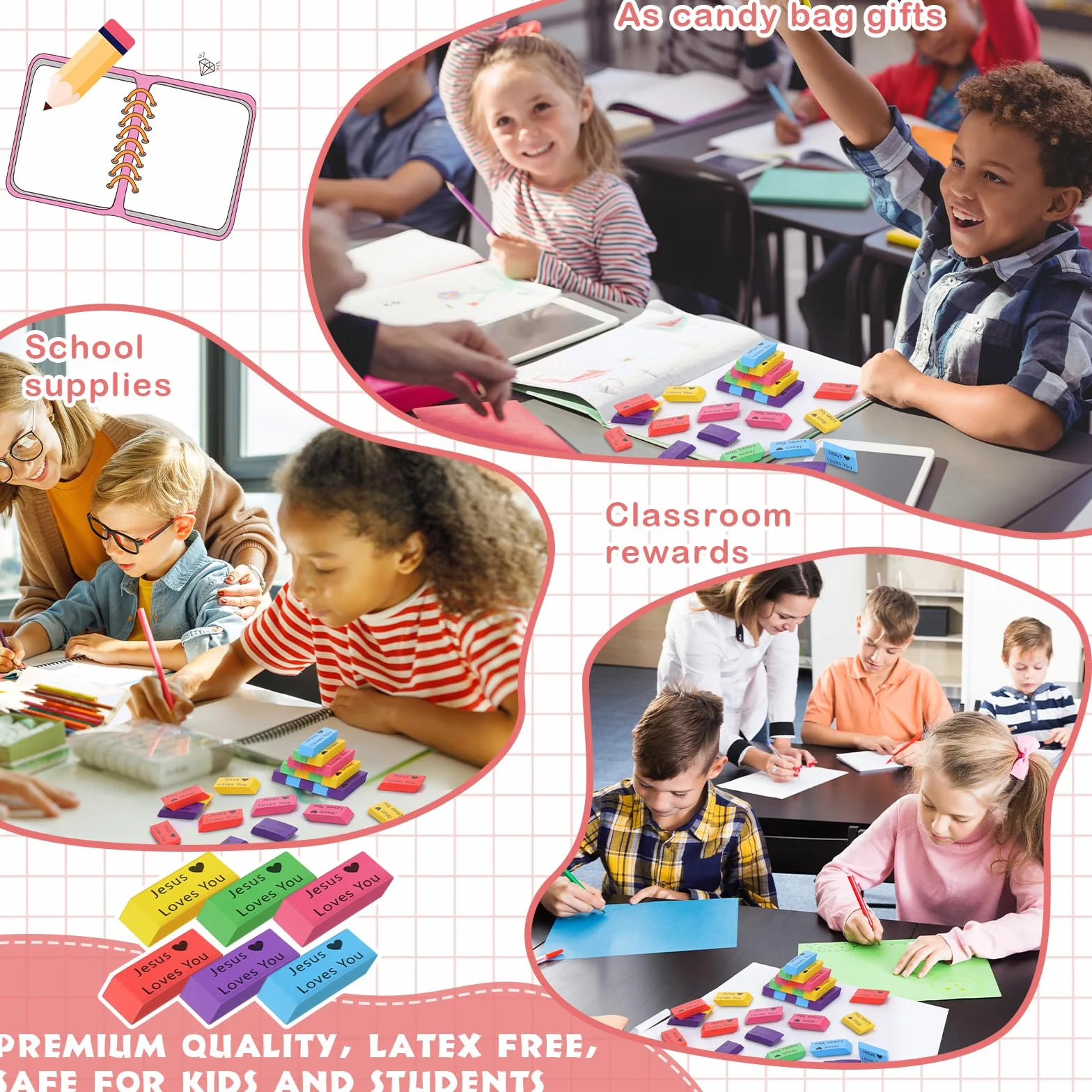 Yaomiao 180 gomme da cancellare per bambini colorate angoli smussati regalo cristiano Gesù ti ama
