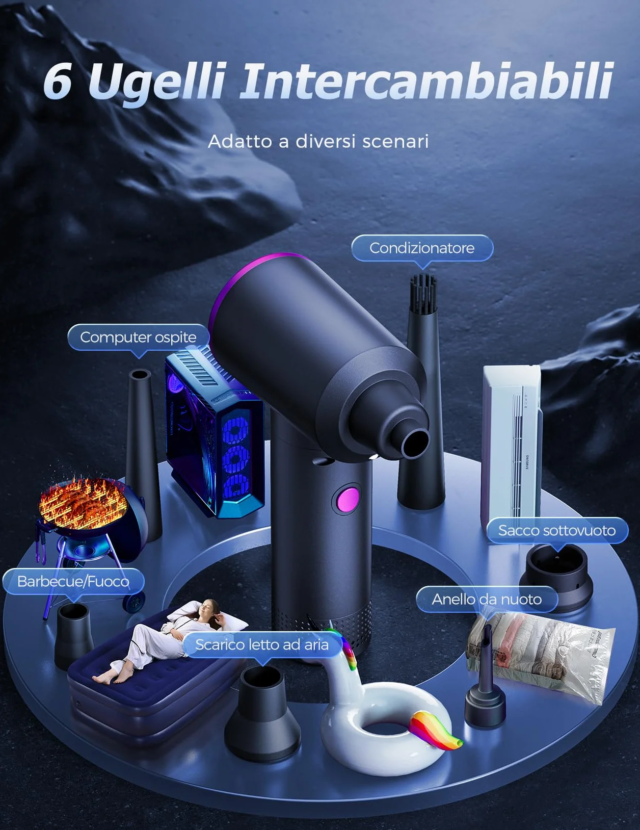 Soffiatore ad Aria Compressa - 100.000 Giri/Min Aria Compressa Spray con Batteria da 9000 mAh, Aria Compressa Elettrico a 3 Velocità con luce LED per la Pulizia del PC, Divano, Tastiera, Auto