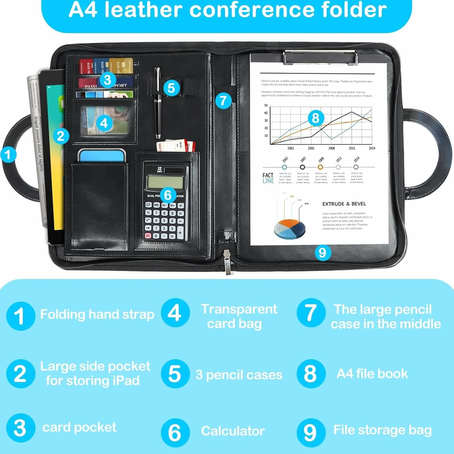 Cartella Portadocumenti A4 in Pelle con Calcolatrice e Cerniera, Portablocchi Organizer – Nero