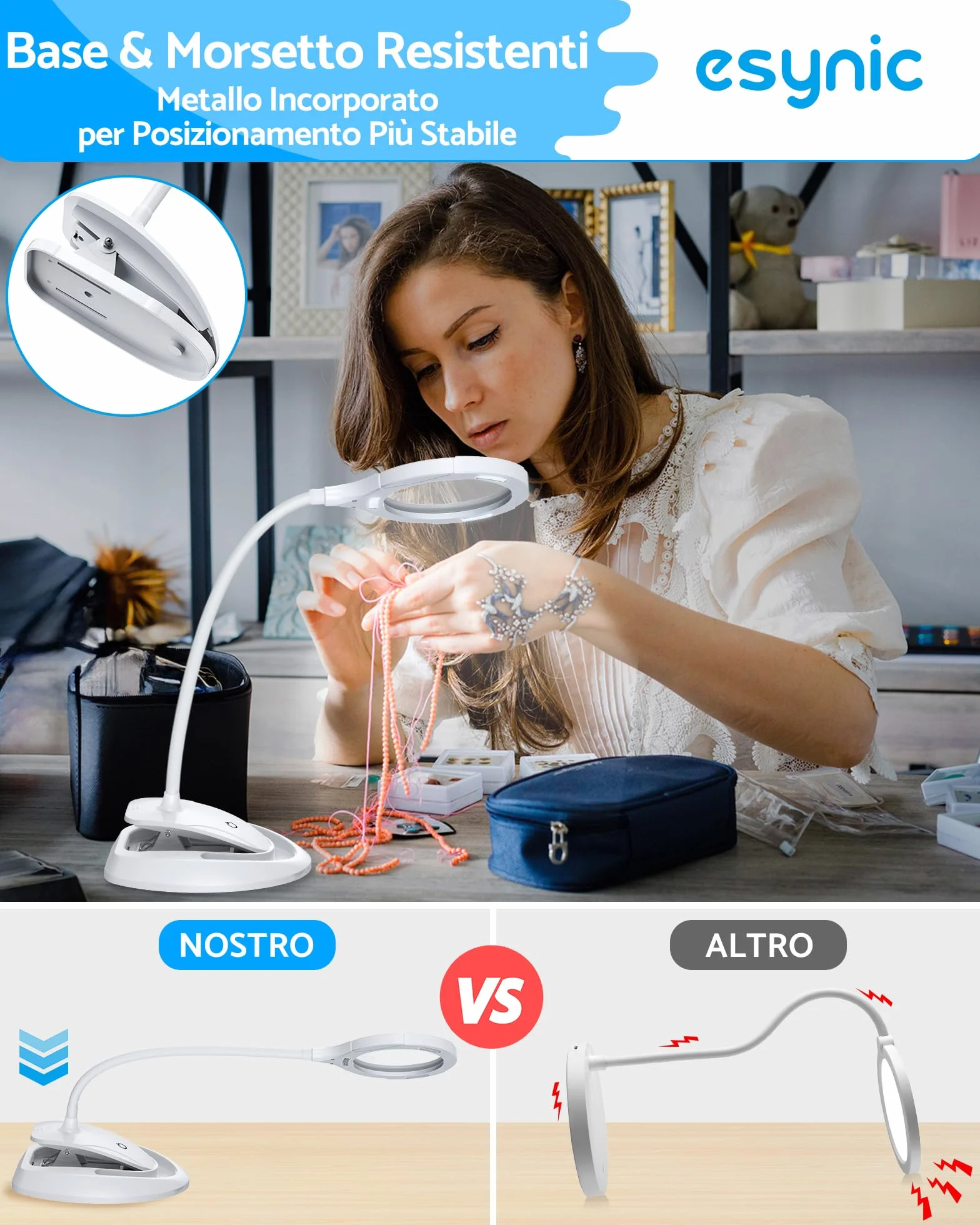 ESYNiC 2 in 1 Lente di Ingrandimento 5X 10X Lampada LED Ricaricabile con Morsetto da Tavolo Lente d'Ingrandimento Luce 15 LED 3 Luminosità Regolabile con Clip Collo Flessibile - Bianco