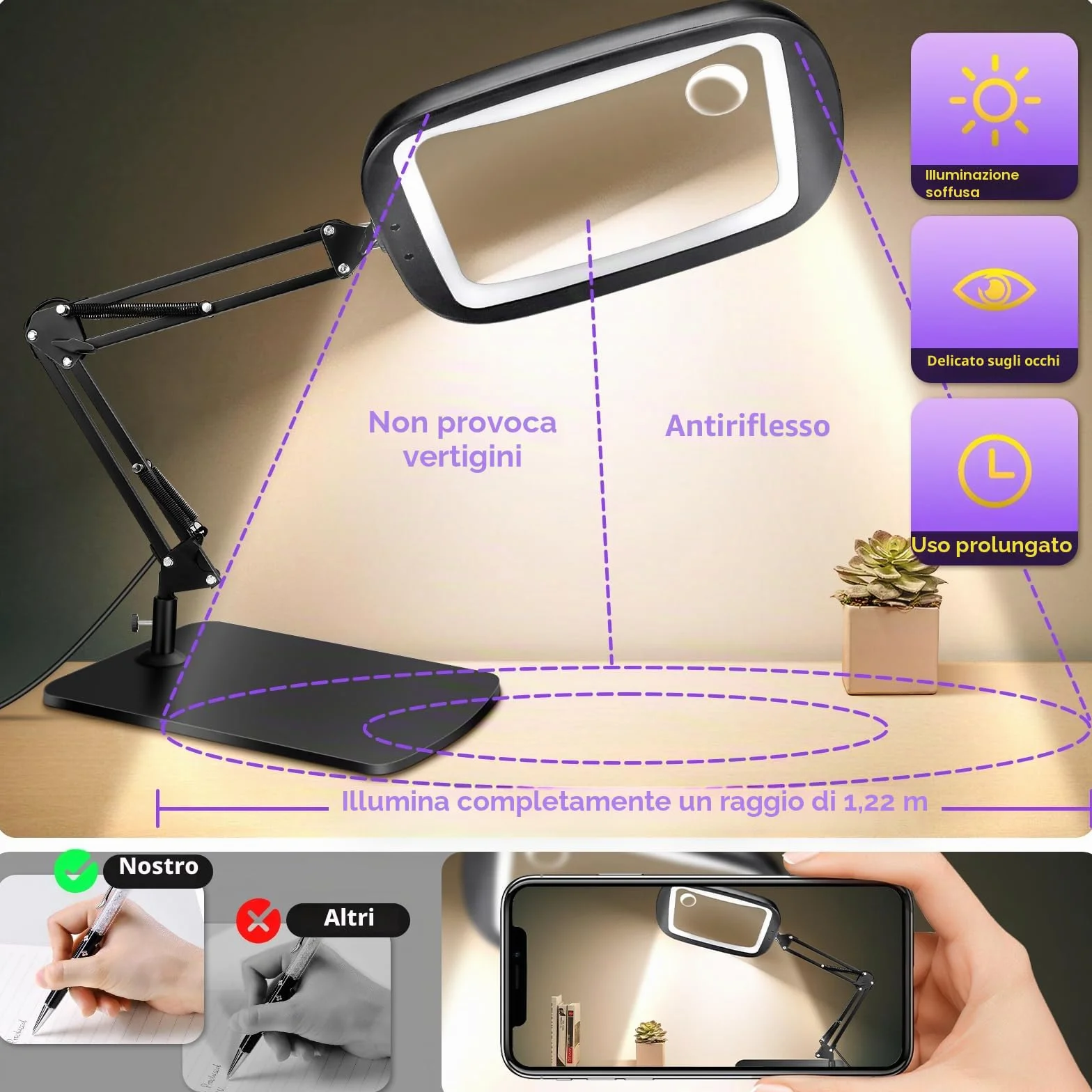 Lente di Ingrandimento con Luce LED 10X 30X, 5 Modalità Colore, Lampada da Scrivania per Lettura Hobby