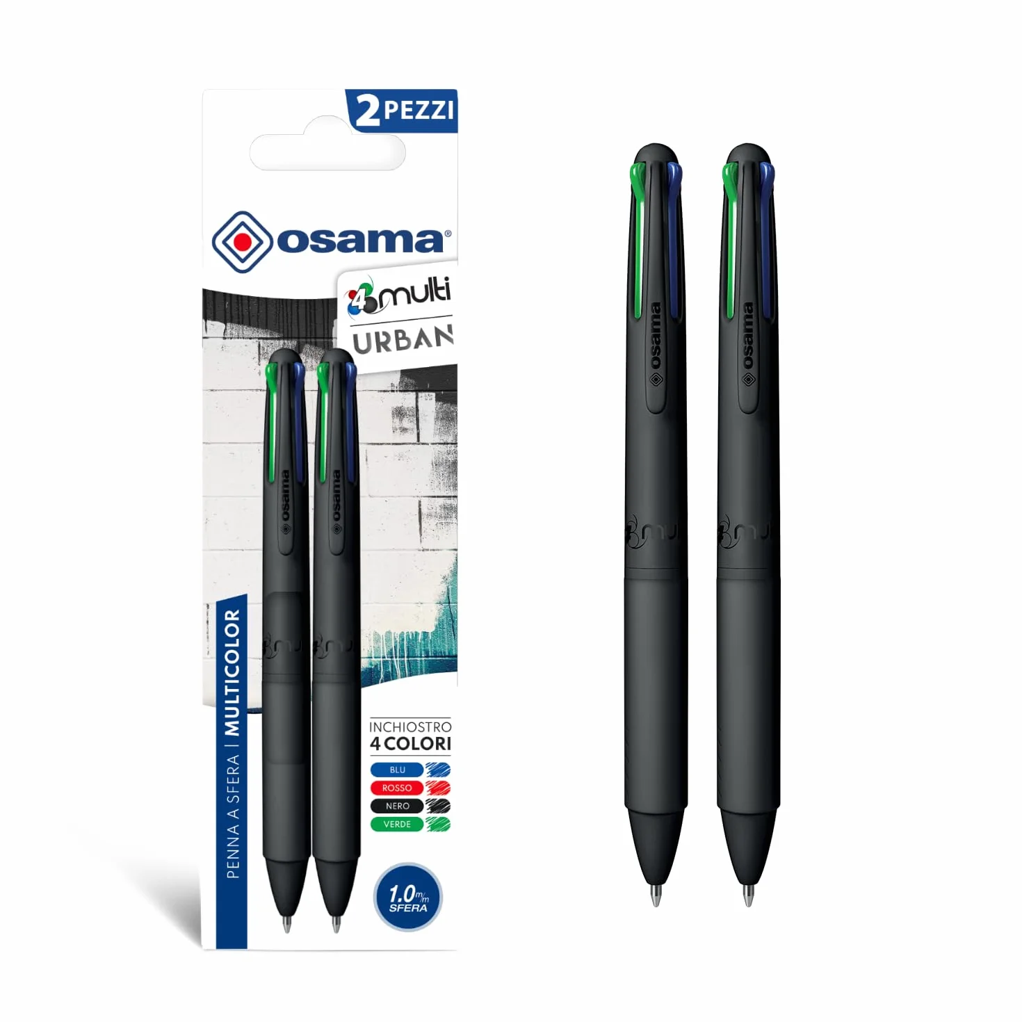OSAMA 4 Multi Urban Penne Colorate 4 Colori 2 Pezzi - Penna Multicolore a Sfera 1.0 mm Nero Blu Rosso Verde