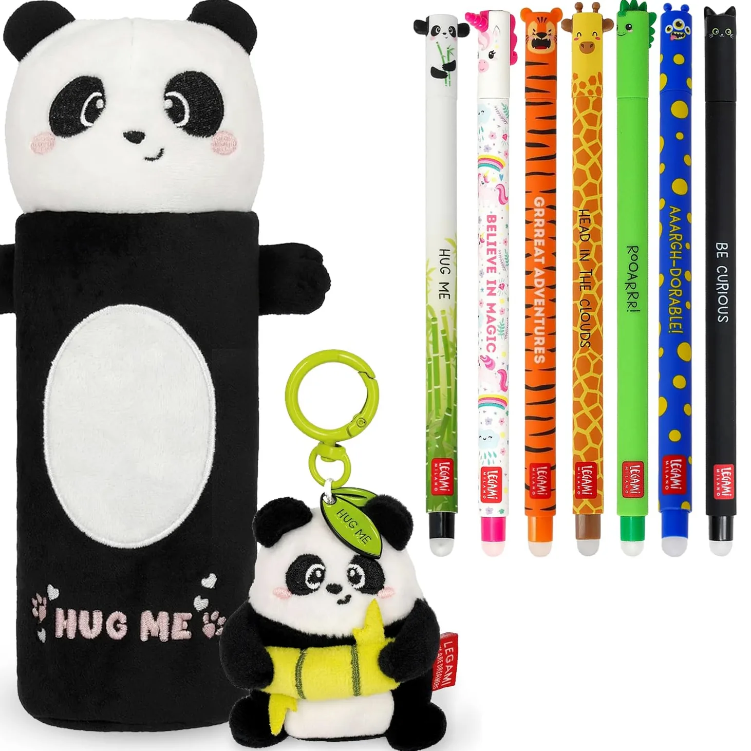 LEGAMI Set di 7 penne gel cancellabili + astuccio per matite super morbido + portachiavi in peluche in regalo | Set di articoli di cancelleria per la scuola per bambini, adolescenti e studenti |