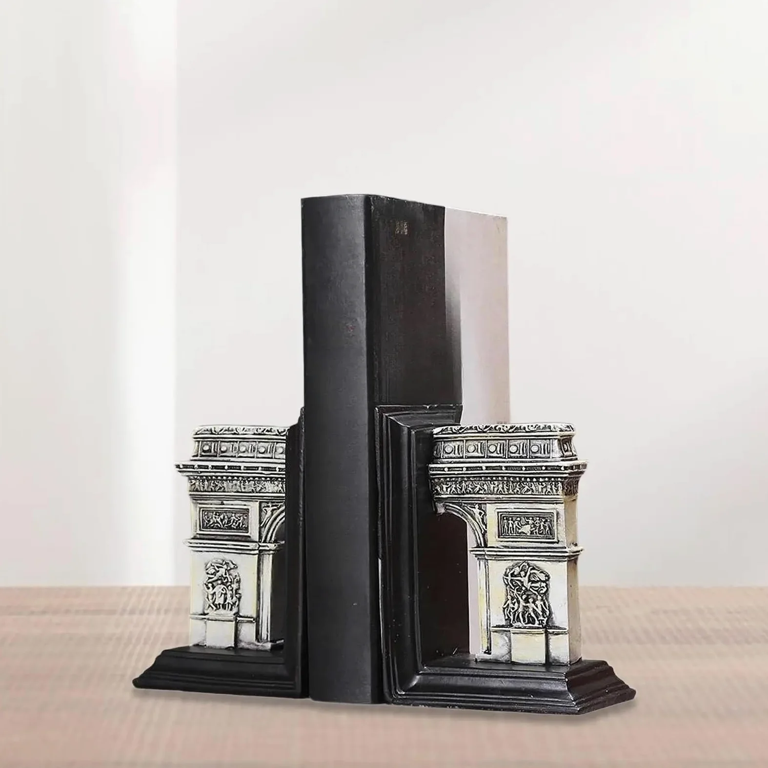 Fermalibri in resina Arch of Triumph da 2 pezzi, fermalibri antiscivolo for libri di cucina, librerie, scrivania per organizzare i libri