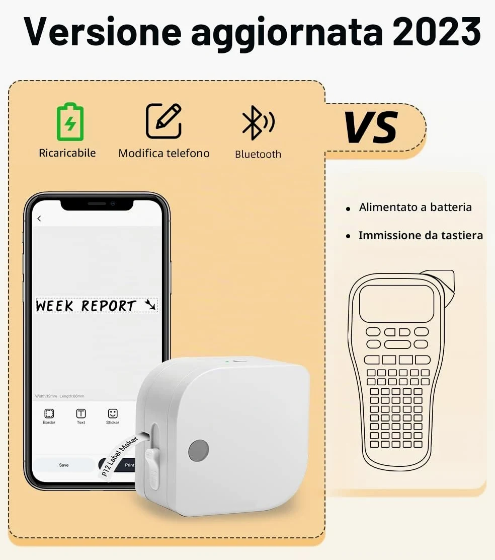 Phomemo Stampante per etichette P12-Pro Bluetooth con 3 nastri per etichette, stampante termica per etichette ricaricabile tramite USB, per casa e ufficio, stampante per etichette per Android e iOS