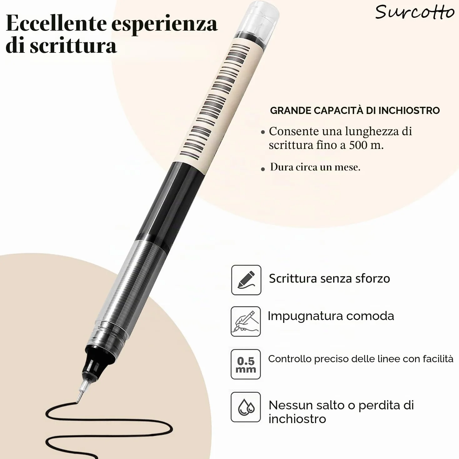 Surcotto Penne Gel Nere 0,5 mm Asciugatura Ultra Rapida per Scrivere, Disegnare e Delineare