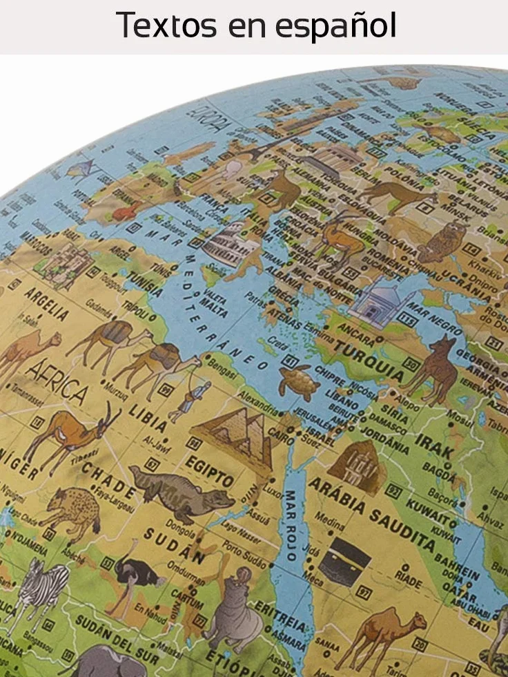 Tecnodidattica - Palloncino Safari per Bambini e Ragazzi | Illuminato e Rotante | Cartografia illustrata e brochure con Informazioni | Meridiano Laureato | Testo in Spagnolo | Diametro 25 cm