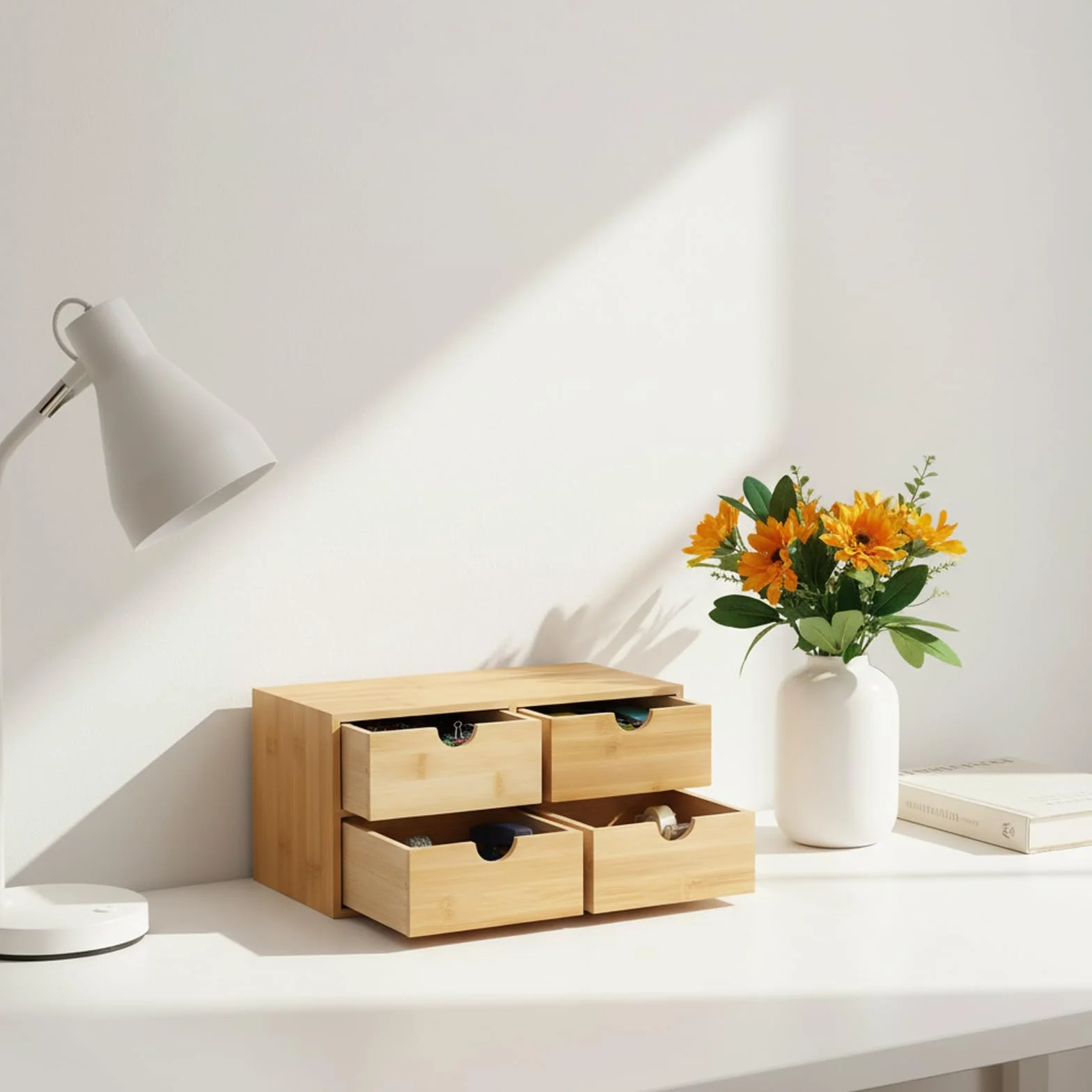 Scatola portaoggetti in legno con 4 scomparti, 33 × 19 × 16 cm, grande organizer da scrivania, adatto per soggiorno, camera da letto, studio, uffici e case per studenti