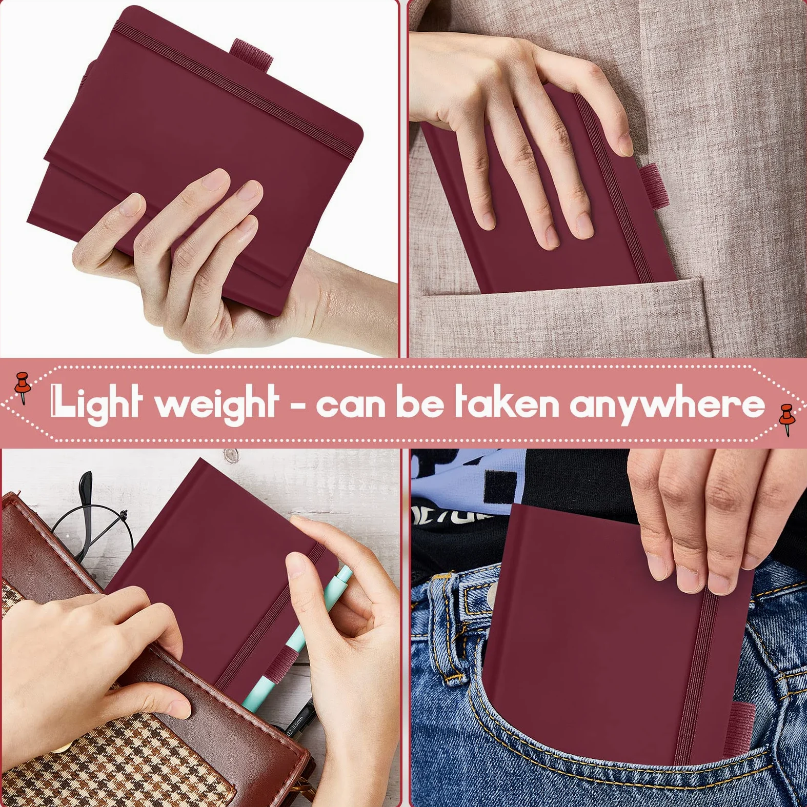 40 quaderni piccoli formato A6 tascabili da 8,5 x 15,5 cm, mini diario a righe con fascia elastica per penne e pagine per diario scolastico e ufficio (rosso vino)