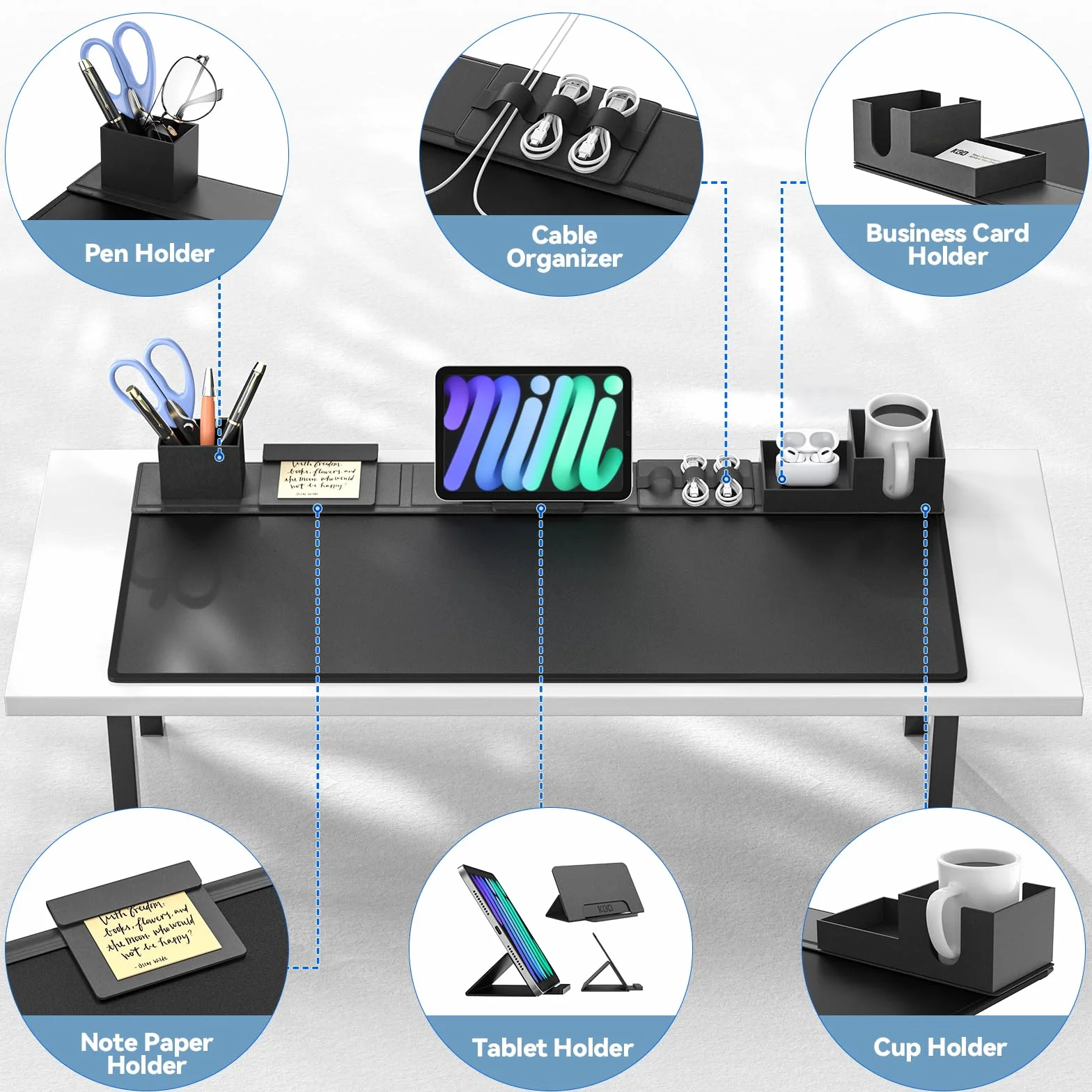 KDD Sottomano Scrivania in Pelle PU 6 in 1 con Organizer Magnetici per Supporto Tablet, Portabicchieri, Portacarte, Portapenne, Gestione Cavi