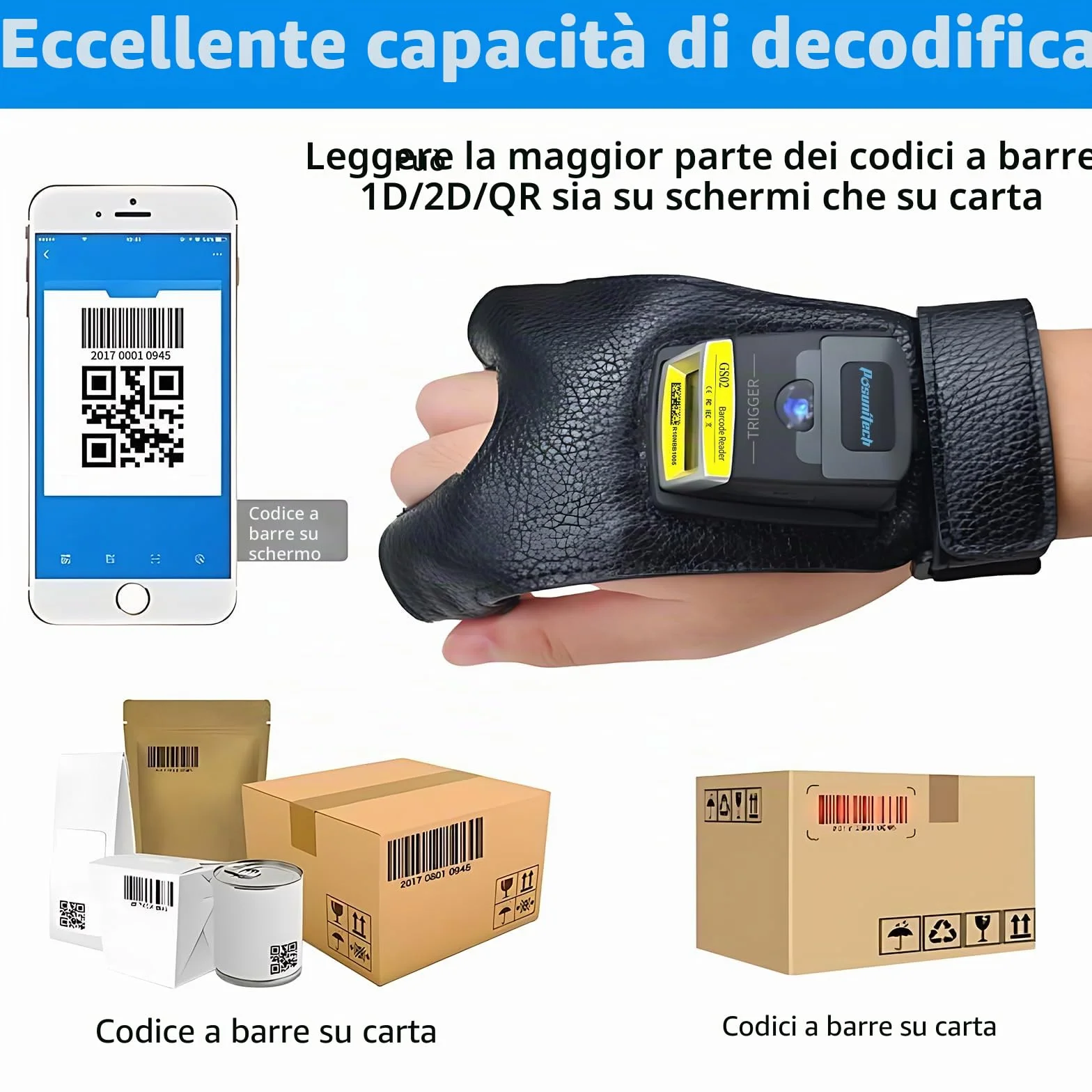 Guanto lettore di codici a barre 2D GS02 Wearable Scanner lettore IP65 Touch Scanning NFC Supporto multilingue per magazzino, sistema di gestione, produzione, spedizione, picking