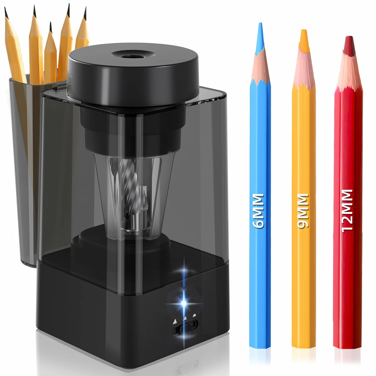 Temperamatite elettrico, strumento da disegno senza fili, batteria ricaricabile da 1800 mAh, 6-12 mm di scrittura, stecche luminose a LED, corpo compatto, alimentazione a batteria temperamatite