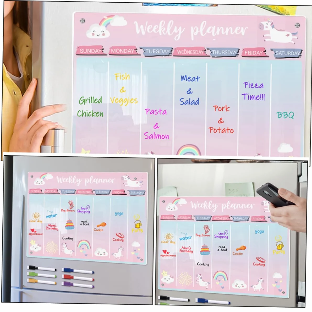 SHINEOFI 1set Lavagna Cancellabile Acrilico Per Frigorifero Planner Settimanale Organizza Programma Giornaliero e Mensile Facile Usare e Riutilizzabile