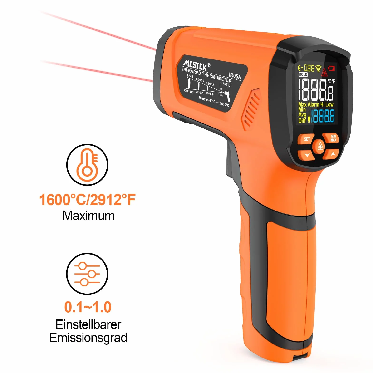 MESTEK Termometro a Infrarossi Digitale -40°C~1600°C con K-Probe Senza Contatto LCD
