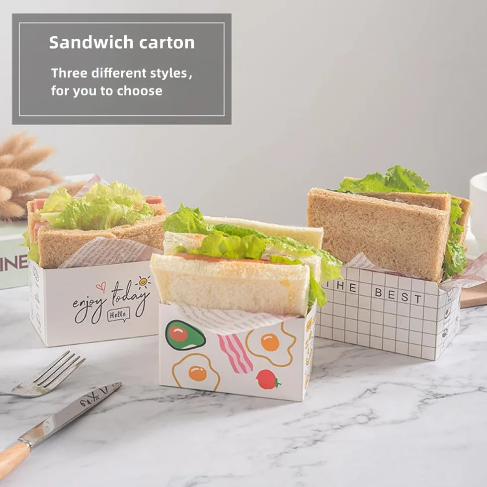 Confezione da 50 contenitori di carta da asporto, mini scatole per hamburger, scatole per sandwich con 50 fogli di carta oleata