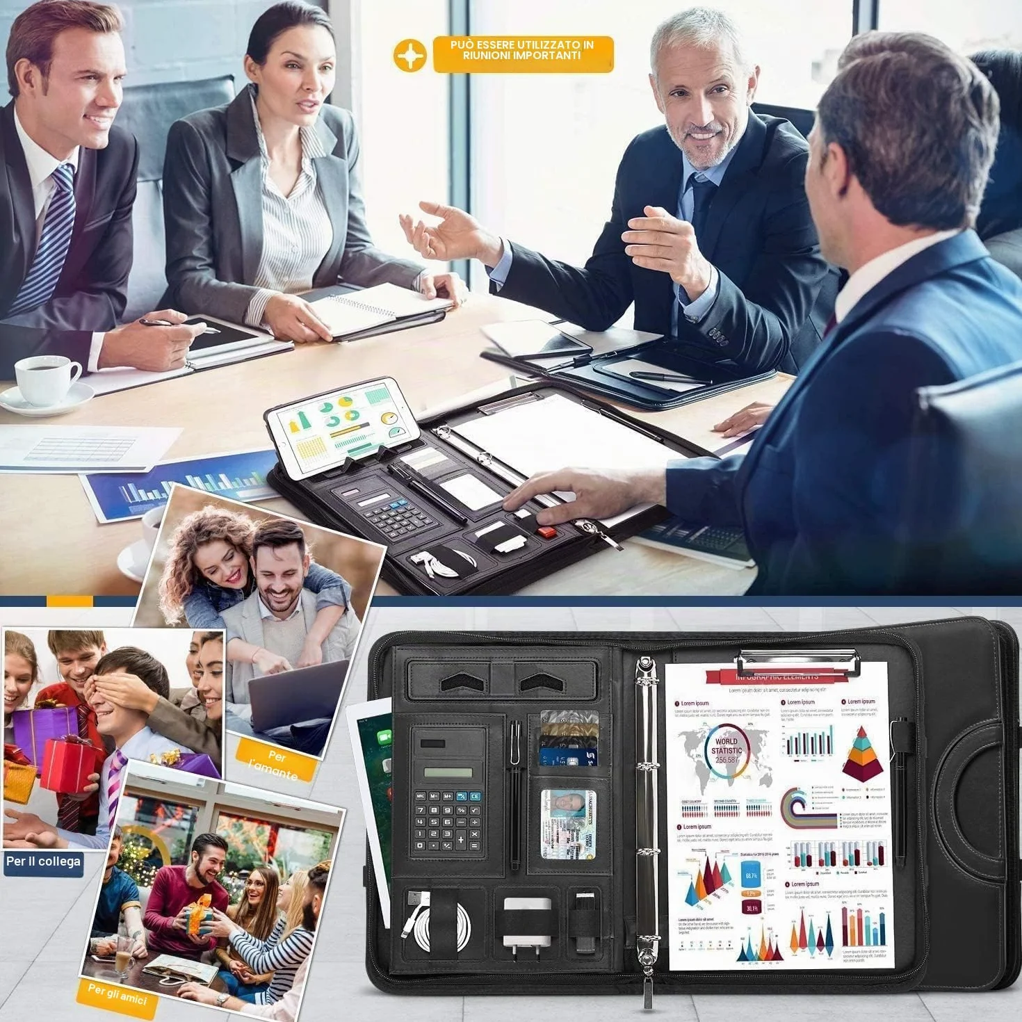 Cartella portadocumenti A4 in pelle con calcolatrice, raccoglitore ad anelli, manici magnetici pieghevoli, supporto tablet e smartphone