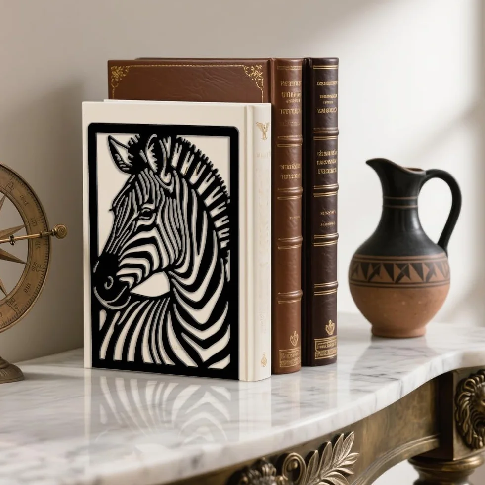 Peacoblue Fermalibri in metallo per mensole, decorazione moderna resistente, fermalibri per ufficio, scrivania, mensola, stanza, 13,5 x 10,9 x 20,1 cm, in ghisa, 1 paio (zebra)
