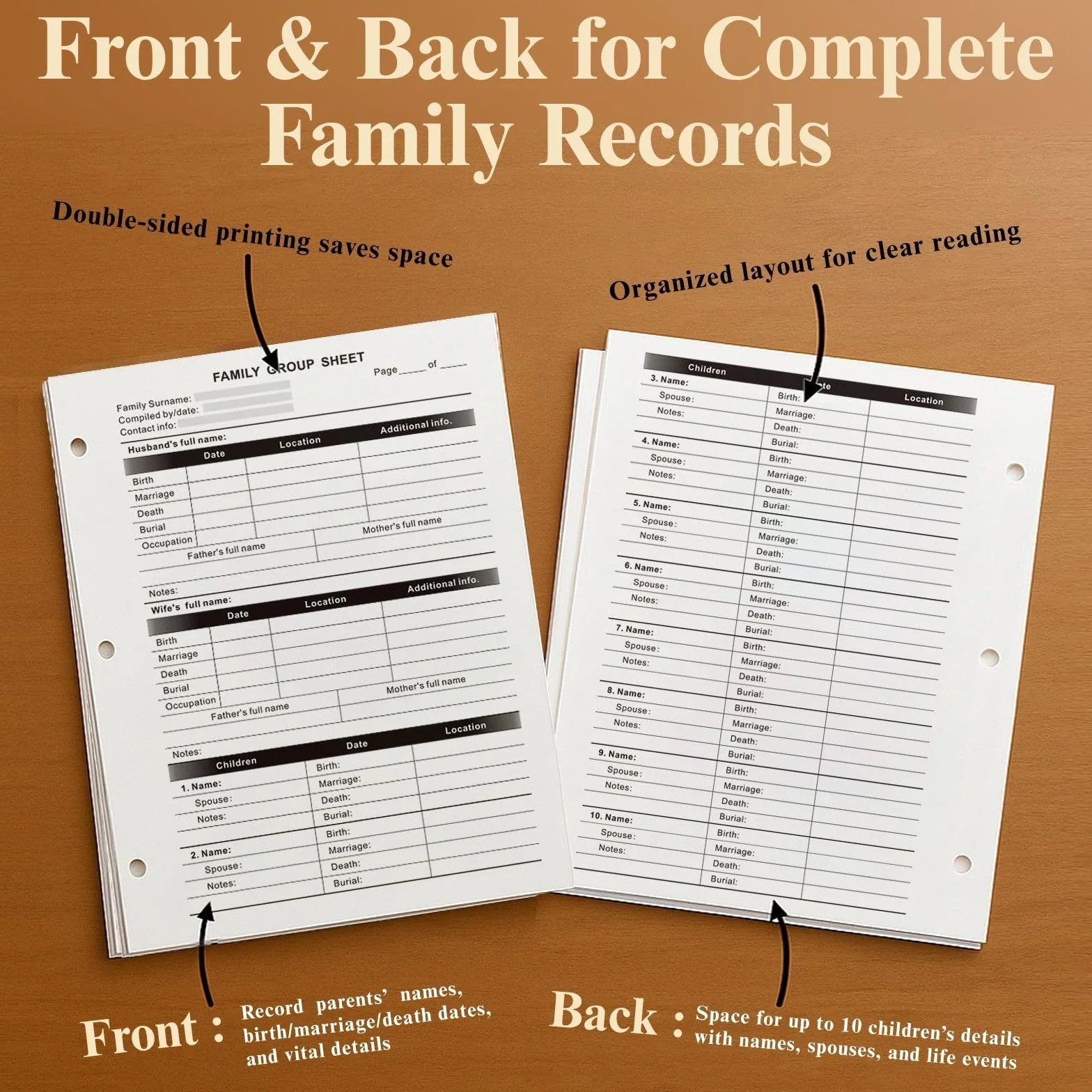 50 fogli di registro genealogico da riempire, grafici per gruppi familiari con carta d'archivio, fogli di lavoro su entrambi i lati, 21,8 x 28 cm, organizer perforato a 3 fori per ricerca sugli
