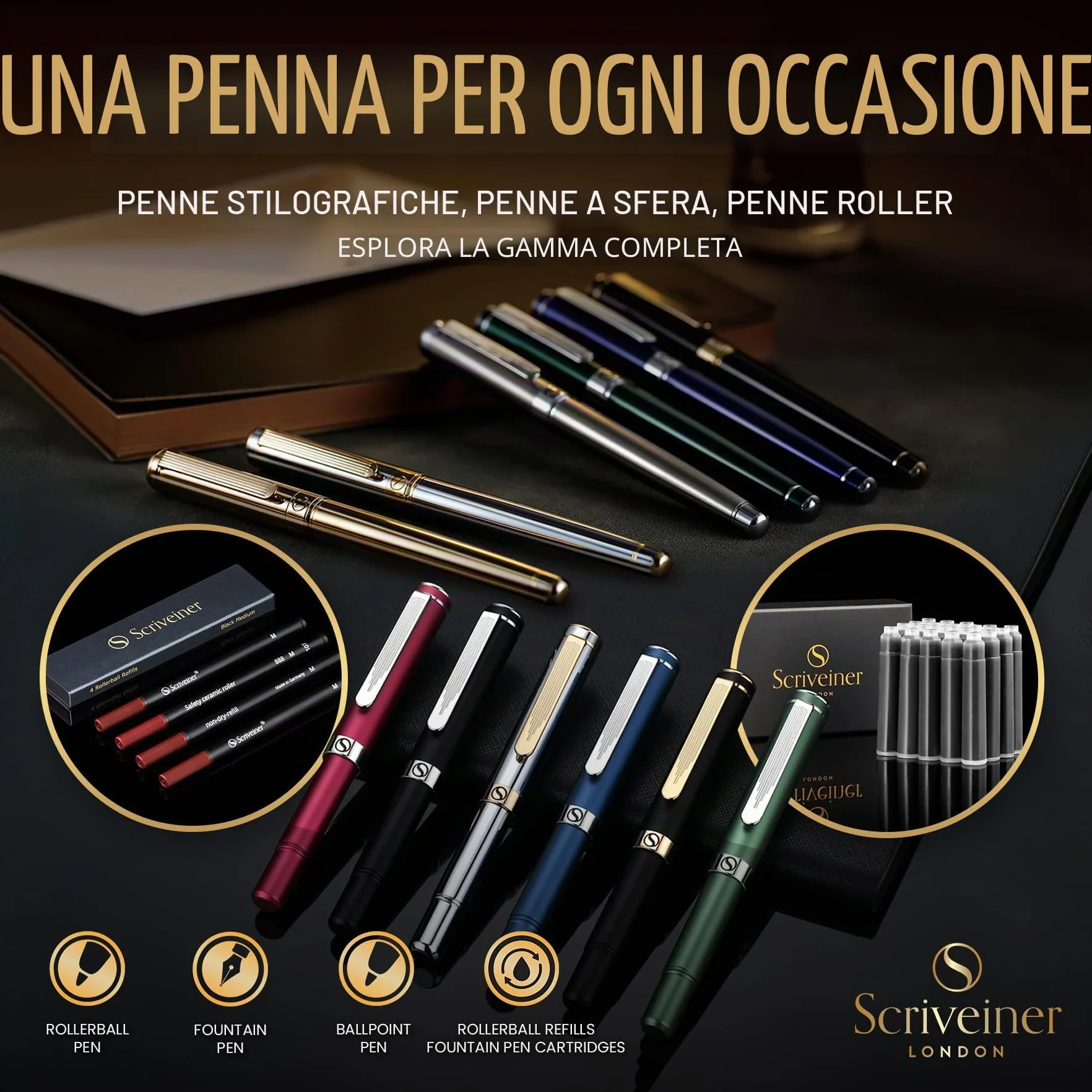 Scriveiner Penna stilografica qualità premium con finitura in Placcato in Vero Oro, Penninoi medio, argento cromato