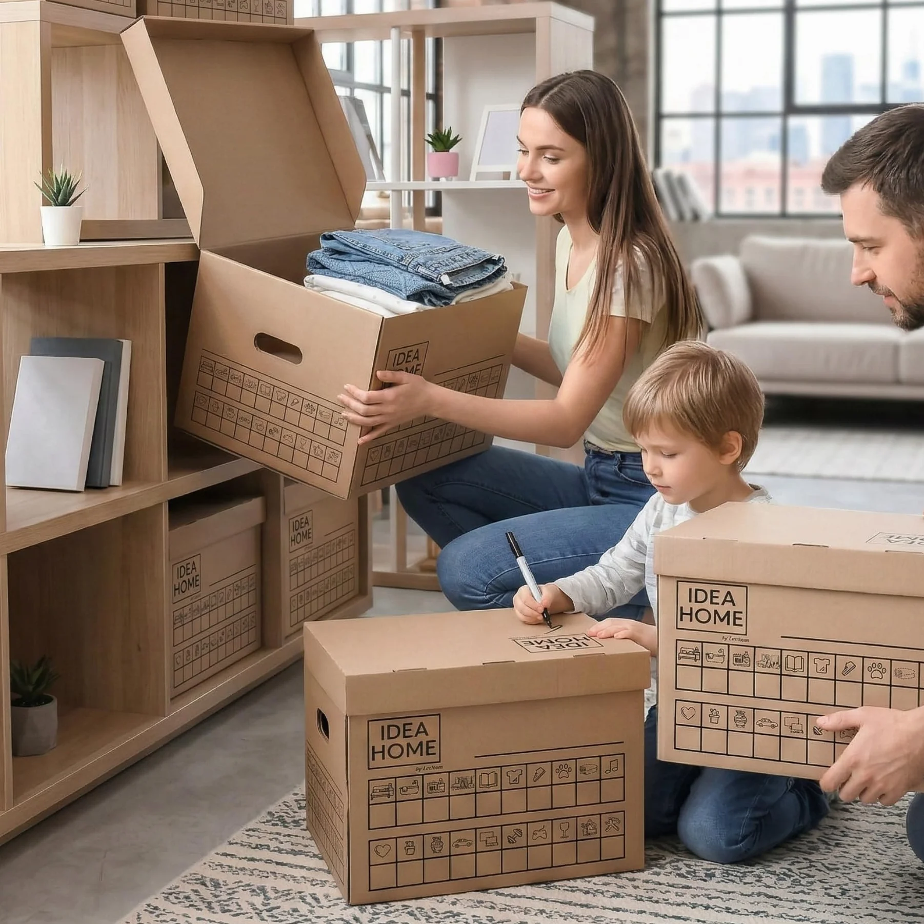 IDEA HOME MOOVE Scatole Trasloco Set 6 – Cartoni Resistenti 5 Strati 420 g/m² con Coperchio Autochiudente – Portata 30 kg – Maniglie Ergonomiche – Etichette e Marker Inclusi