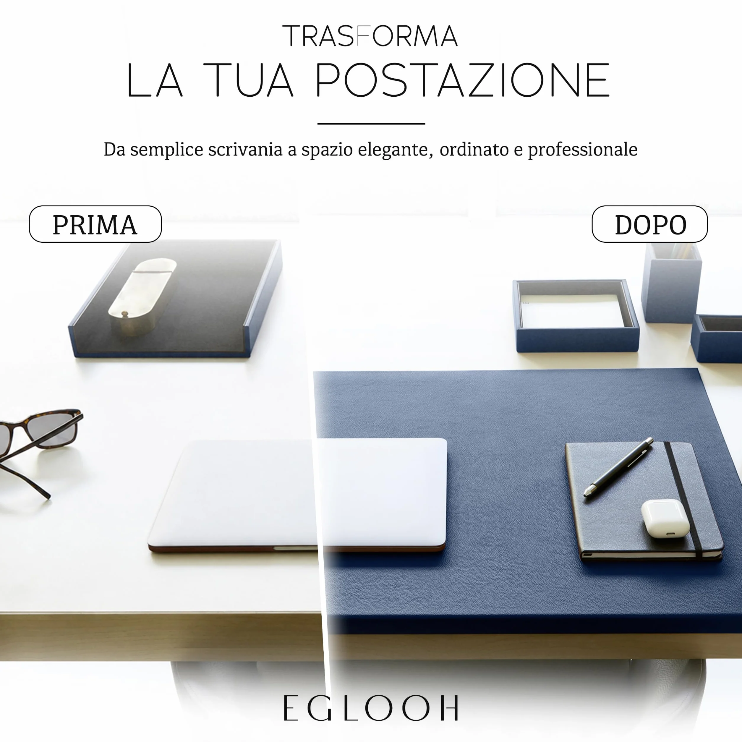 Eglooh – Adamantis – Sottomano Scrivania Pelle Vera con Proteggi Spigolo – Tappetino Scrivania XXL Elegante e Antiscivolo – Accessori Scrivania Ufficio Made in Italy