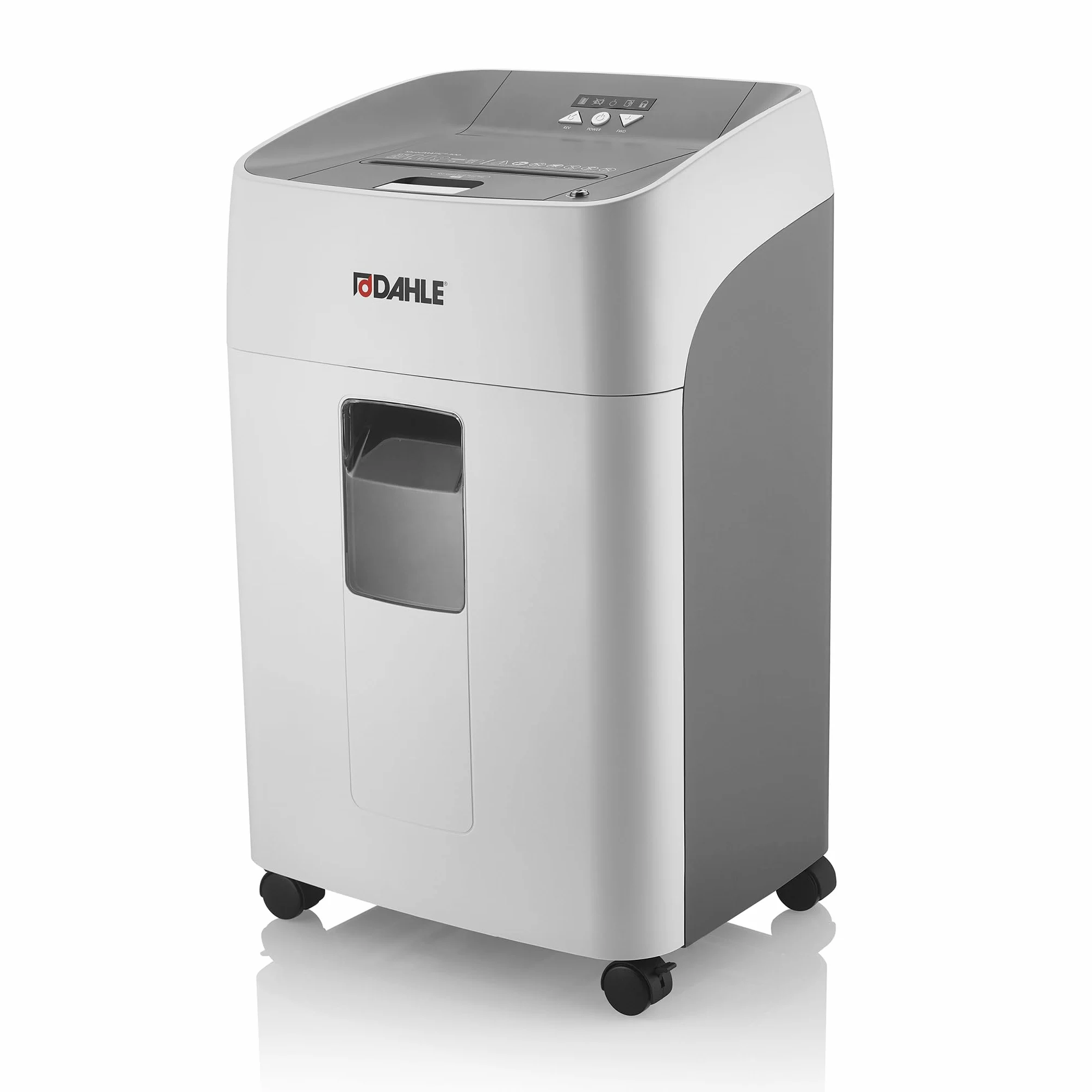 Dahle 35314 - Distruggidocumenti P4 con taglio a frammenti e alimentatore automatico di carta, 300 fogli, colore: Bianco/Grigio