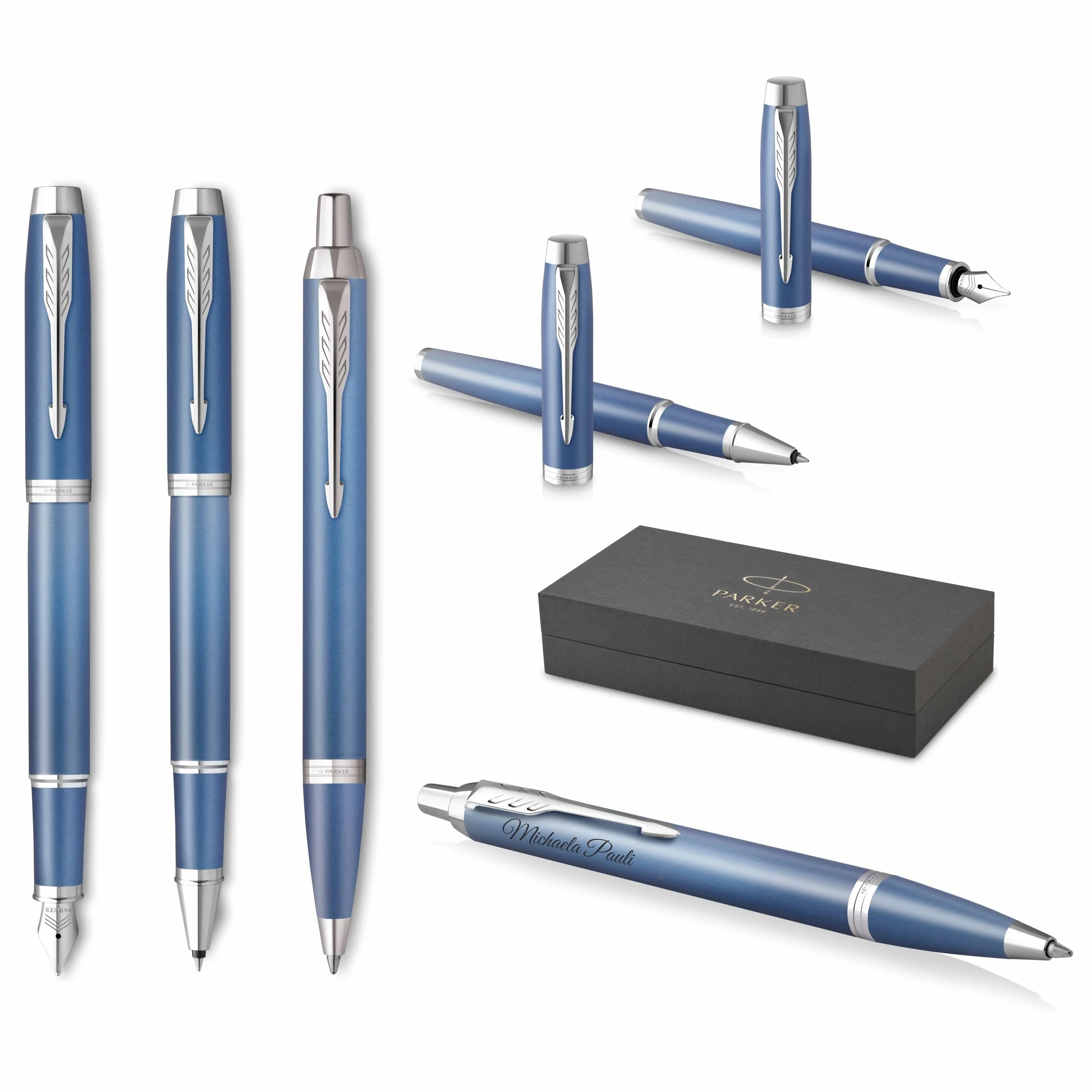 PARKER IM Rituals - Set da 3 con penna a sfera, penna stilografica e rotolino d'inchiostro con incisione | Penna premium | Confezione regalo | Personalizzata | Anniversario (Blu)