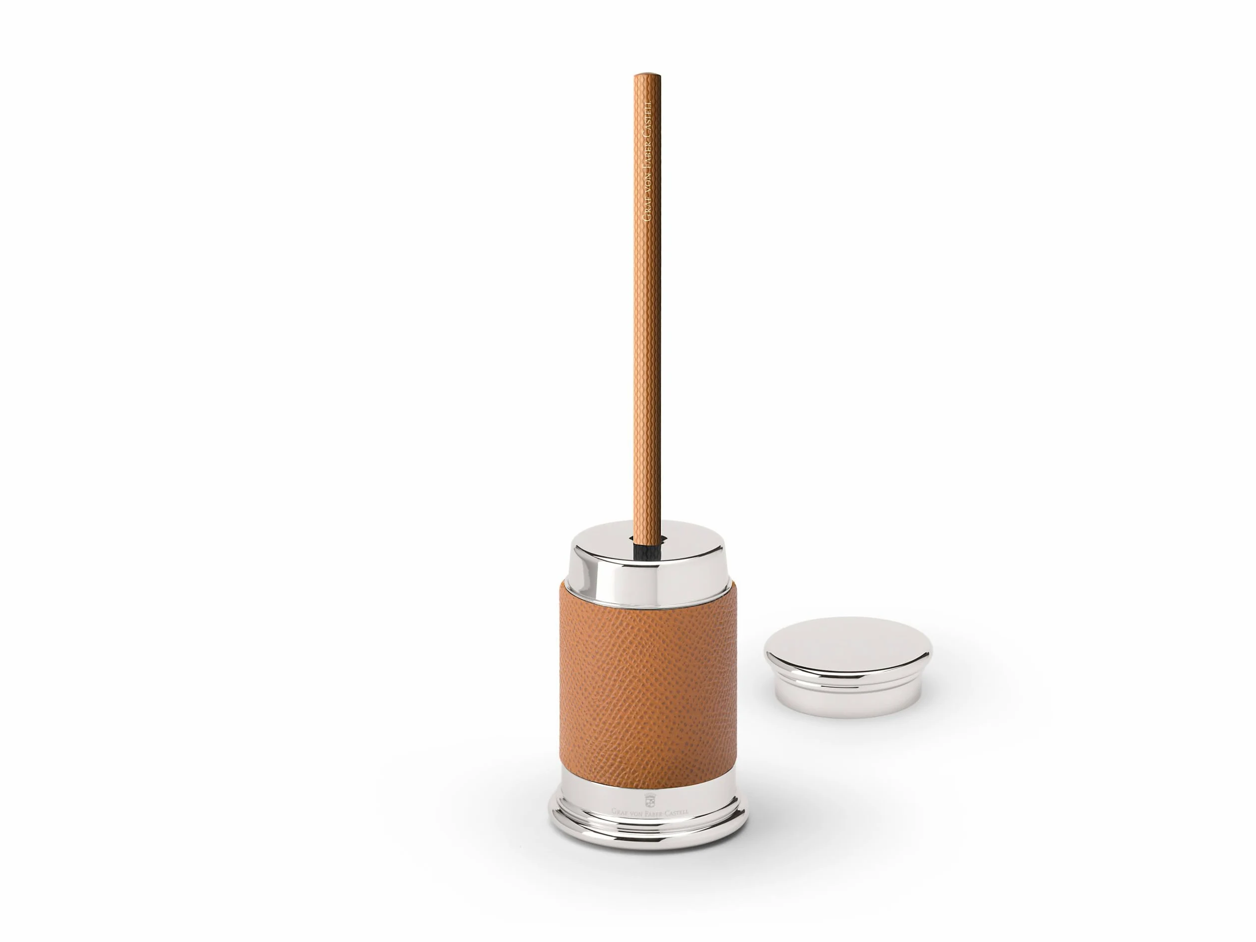 Graf von Faber-Castell - Temperamatite con contenitore Epsom color cognac | Elegante temperamatite in scatola con pelle di vitello italiana, parti metalliche platinate e lama sostituibile