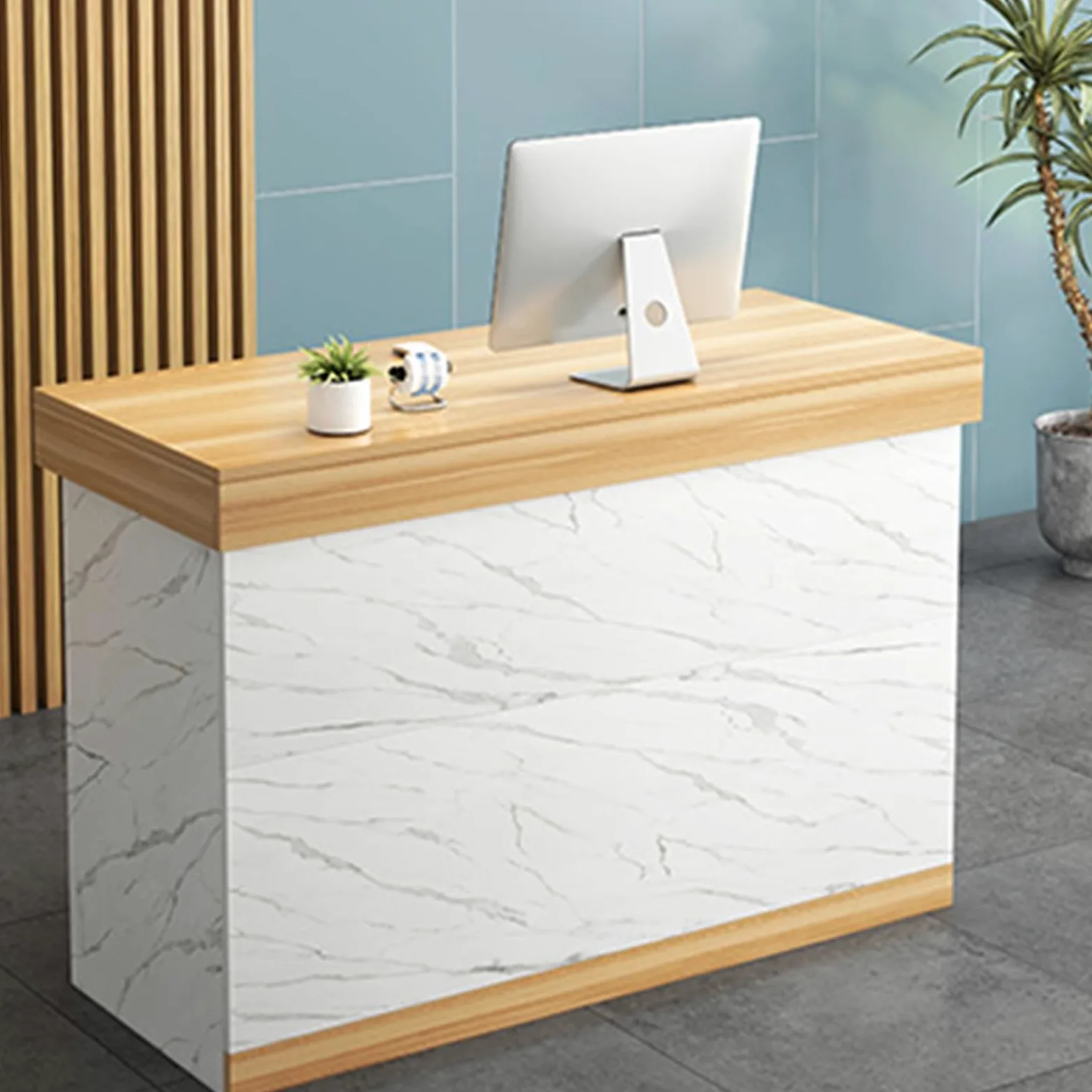 Banco Reception Moderno in Legno con cassetti con Serratura per Centri estetici, supermercati e minimarket. Elegante banco Cassa per Negozi al Dettaglio, Ideale per Reception Professionali.