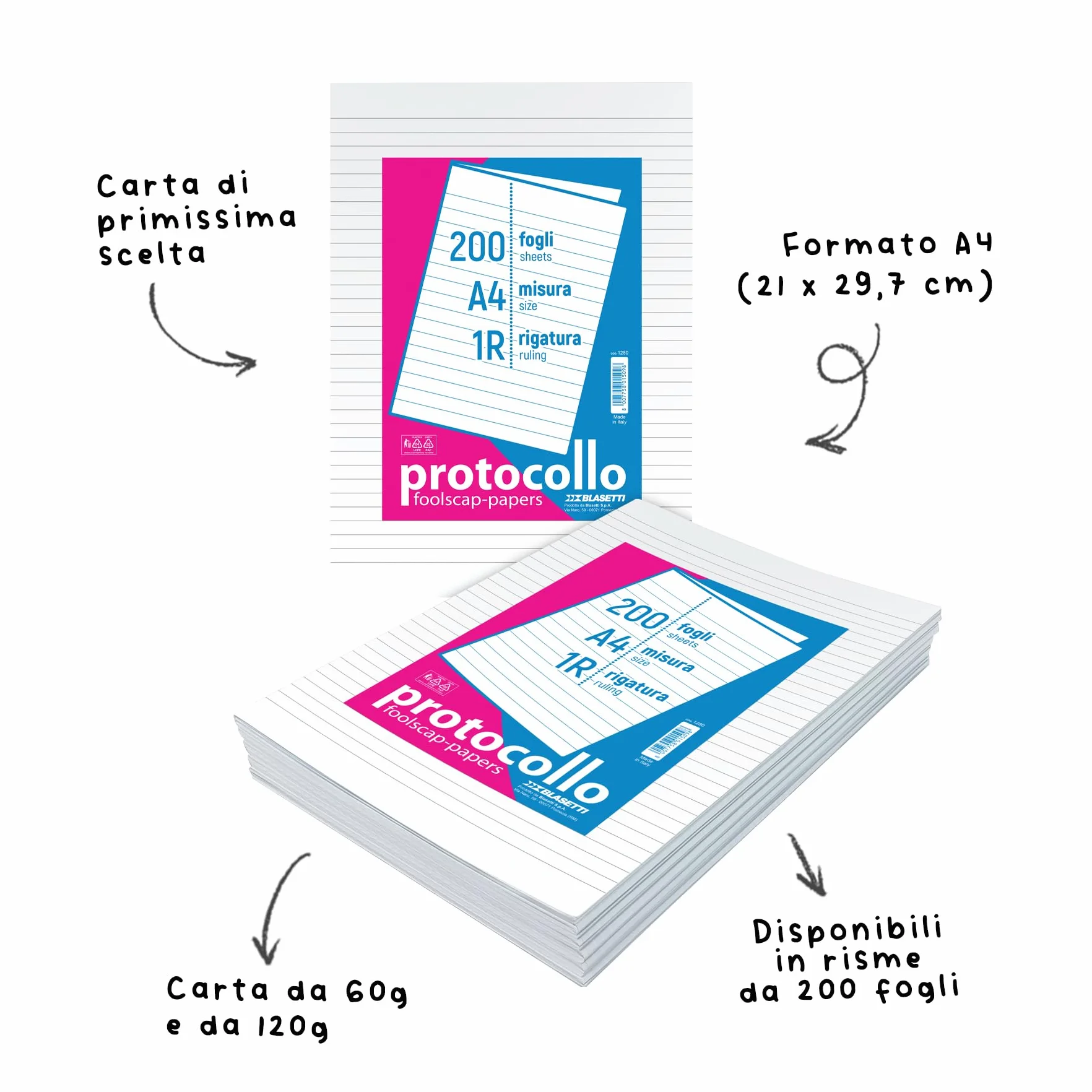 Blasetti Risme Foglio Protocollo A4 60gr 200 fogli Rigatura 1R