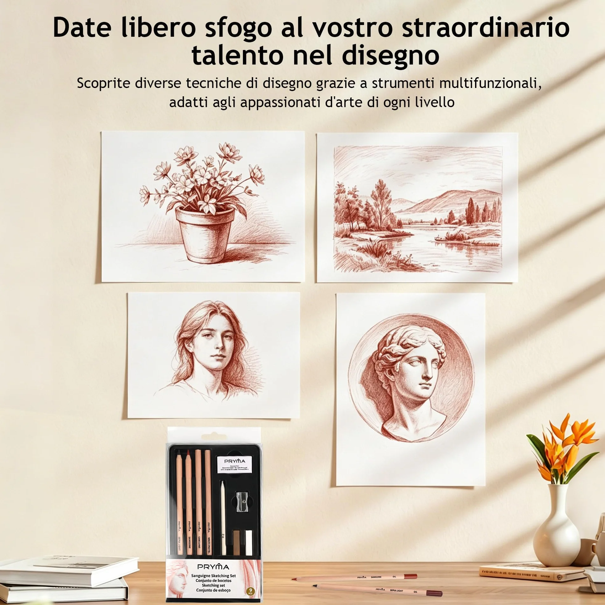 Sanguigne Sketching Set – Set da Disegno Artistico con Matite, Temperino e Gomma Pane