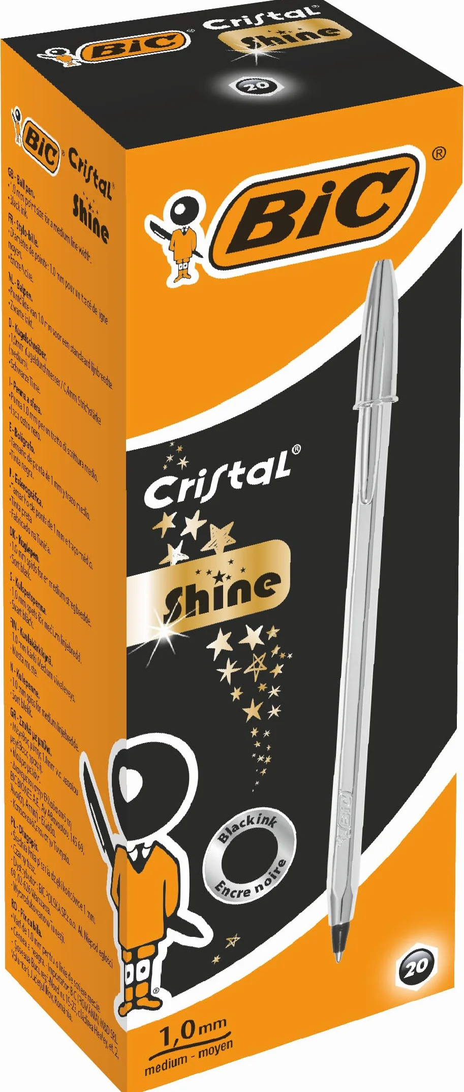 BIC Cristal Shine Penne a Sfera Punta Media, (1.00 mm), Inchiostro Nero, Confezione da 20 Penne, Con Fusto, Color Argento