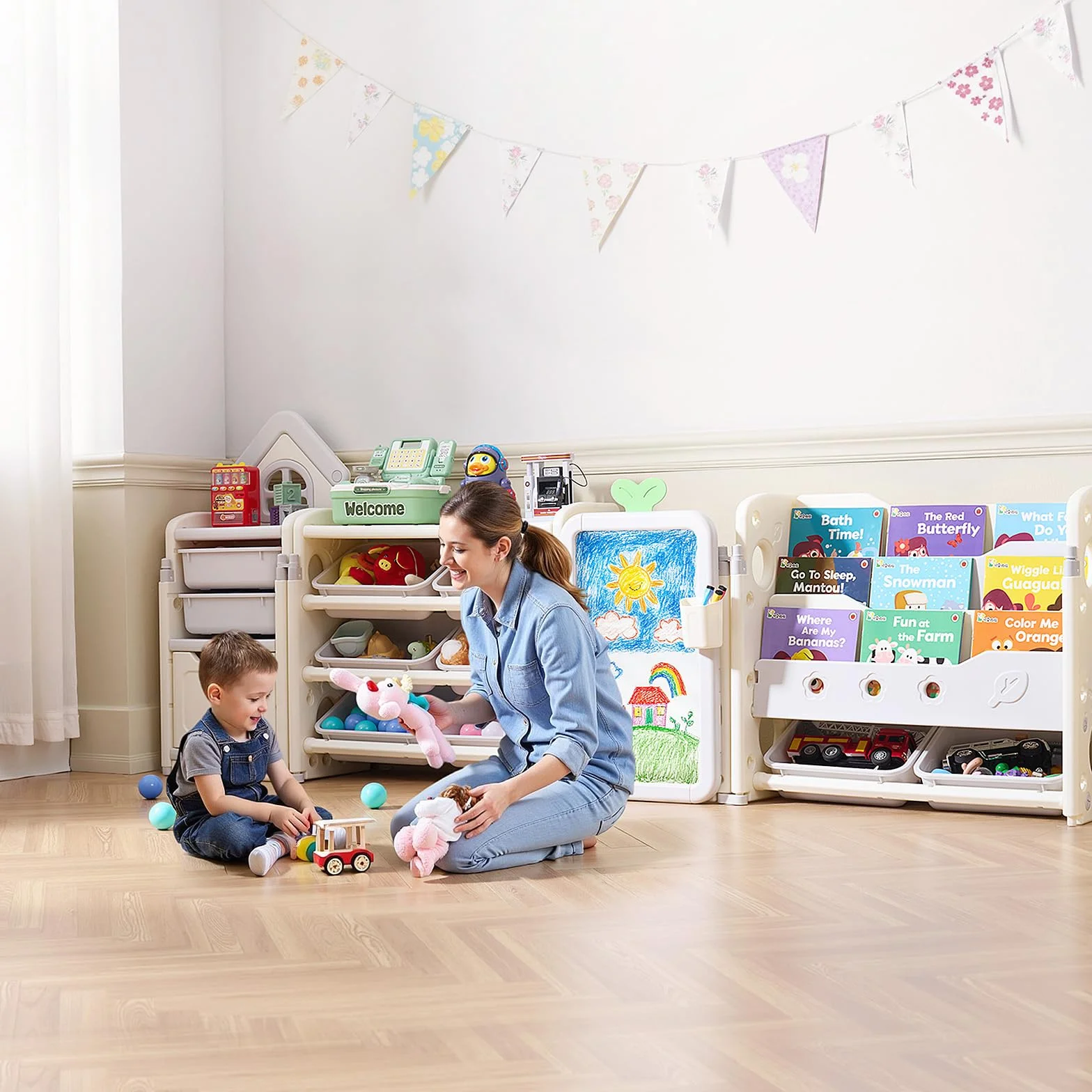 VEVOR Scaffale per Giocattoli in HDPE, Organizzatore per Giocattoli Multifunzionale a 4 Ripiani con 10 Contenitori in Plastica Flessibile e Tavolo da Disegno, per Camera da Letto e Aula, Grigio Beige