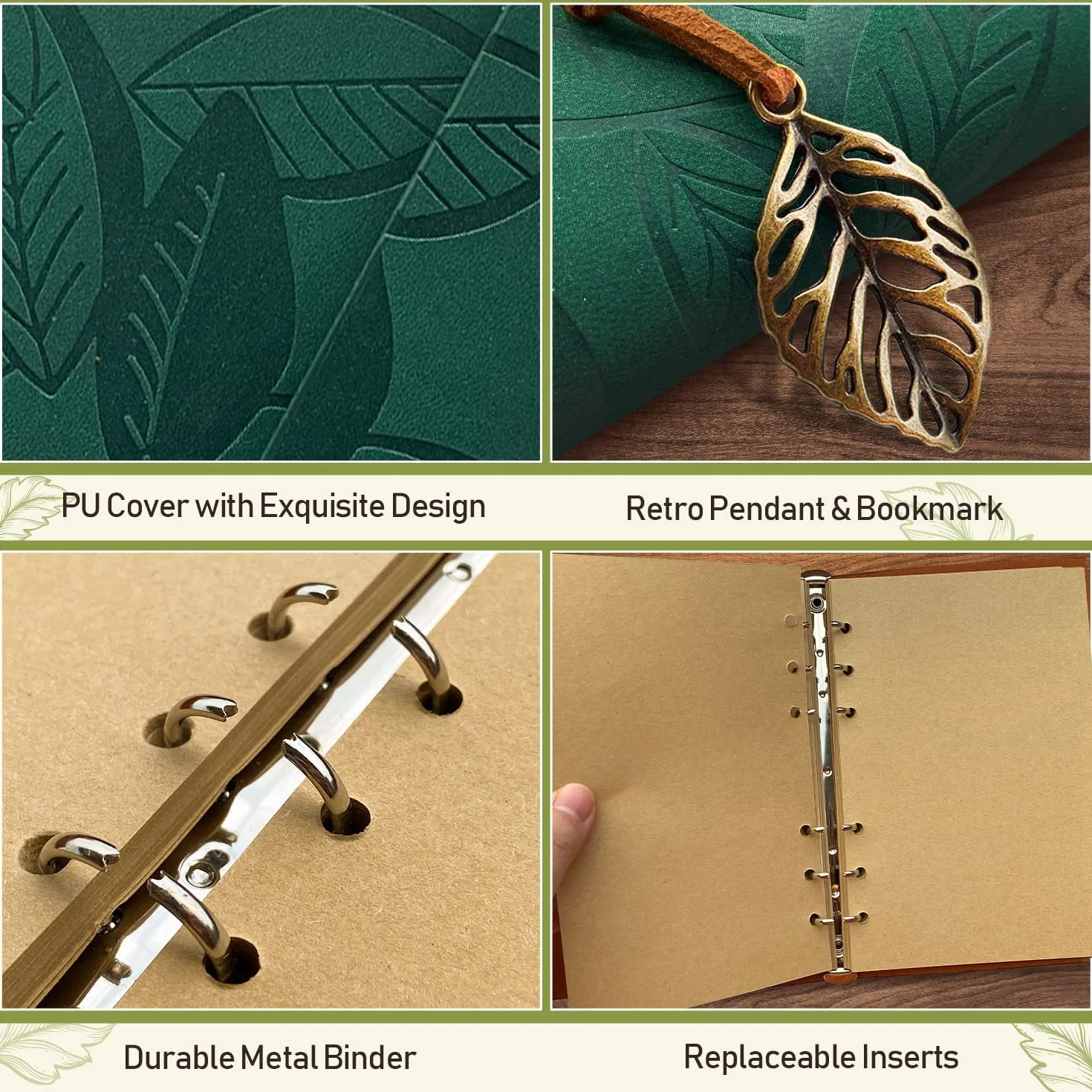Taccuino Diario in PU Pelle Vintage Ricaricabile A5 Verde con Carta Kraft