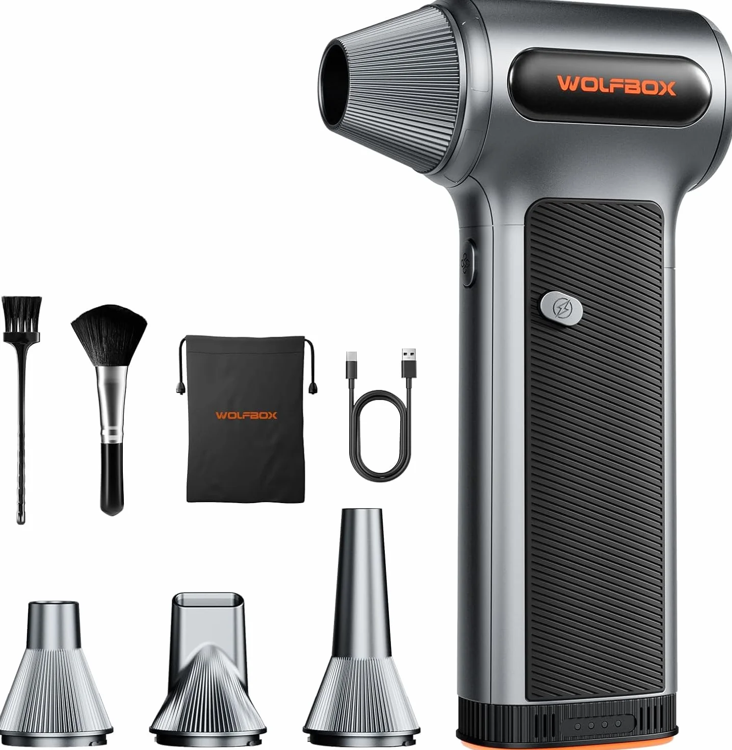 WOLFBOX MF200 Soffiatore a Batteria con Batteria Rimovibile, Soffiatore Aria Compressa Elettrico Portatile 3 Velocità 87.5 m/s, Mini Soffiatore per Pulizia PC Tastiera Auto Casa, Air Duster 4 Ugelli