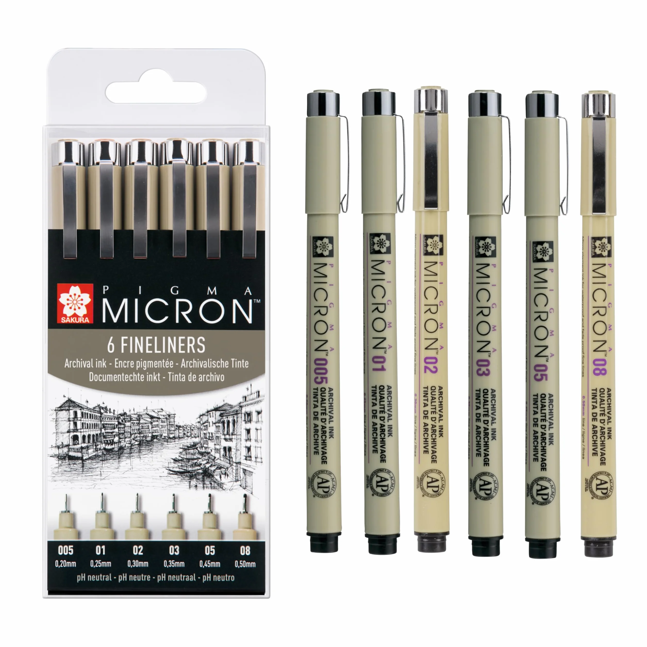SAKURA Pigma Micron Fineliner Set 6 penne inchiostro nero permanente impermeabile misure assortite