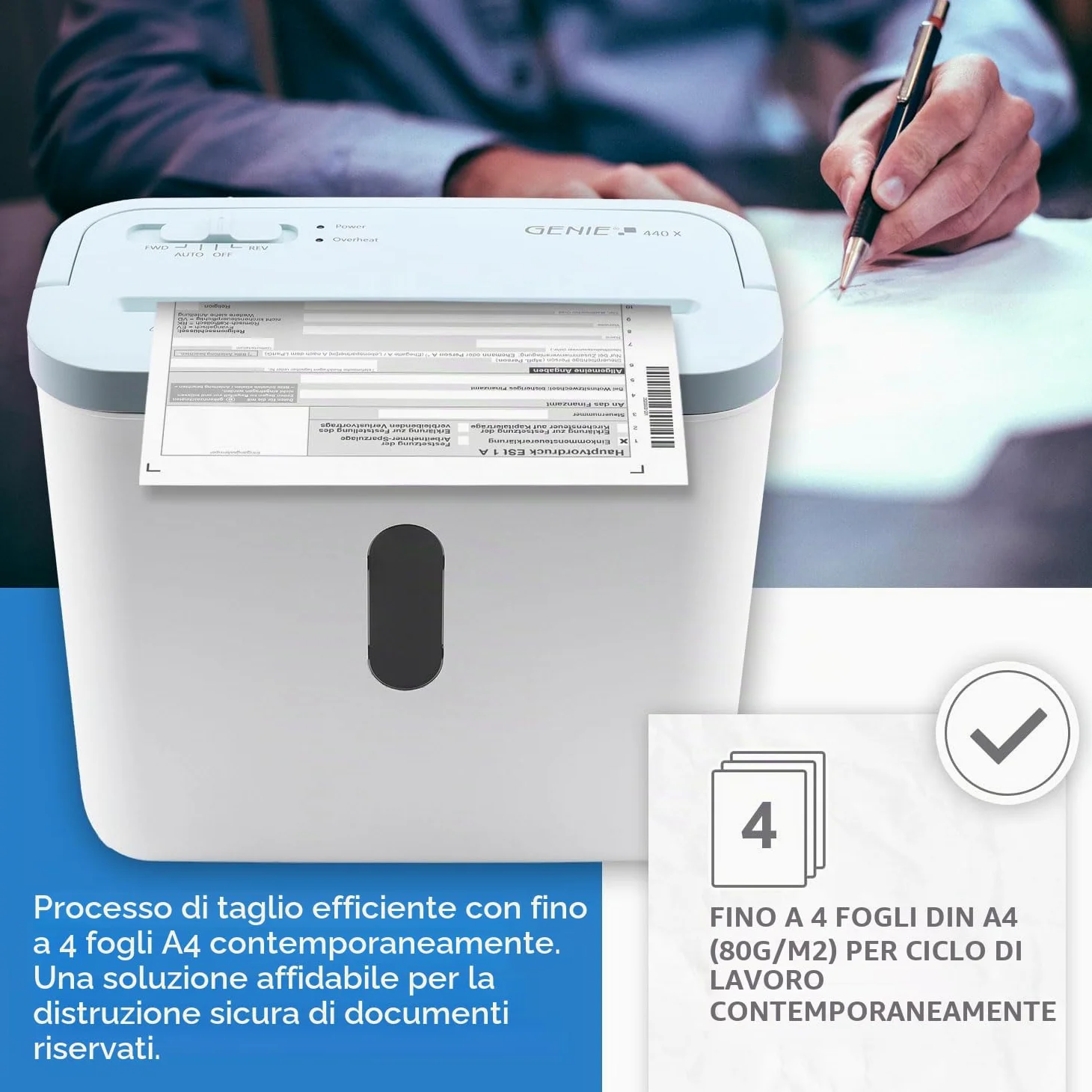 GENIE 440 distruggidocumenti | Taglio particelle 4 x 38 mm | Livello di sicurezza P-4 | Silenzioso 72 dB | Shredder compatto e portatile | Funzione di avvio/arresto automatico | Protezione da