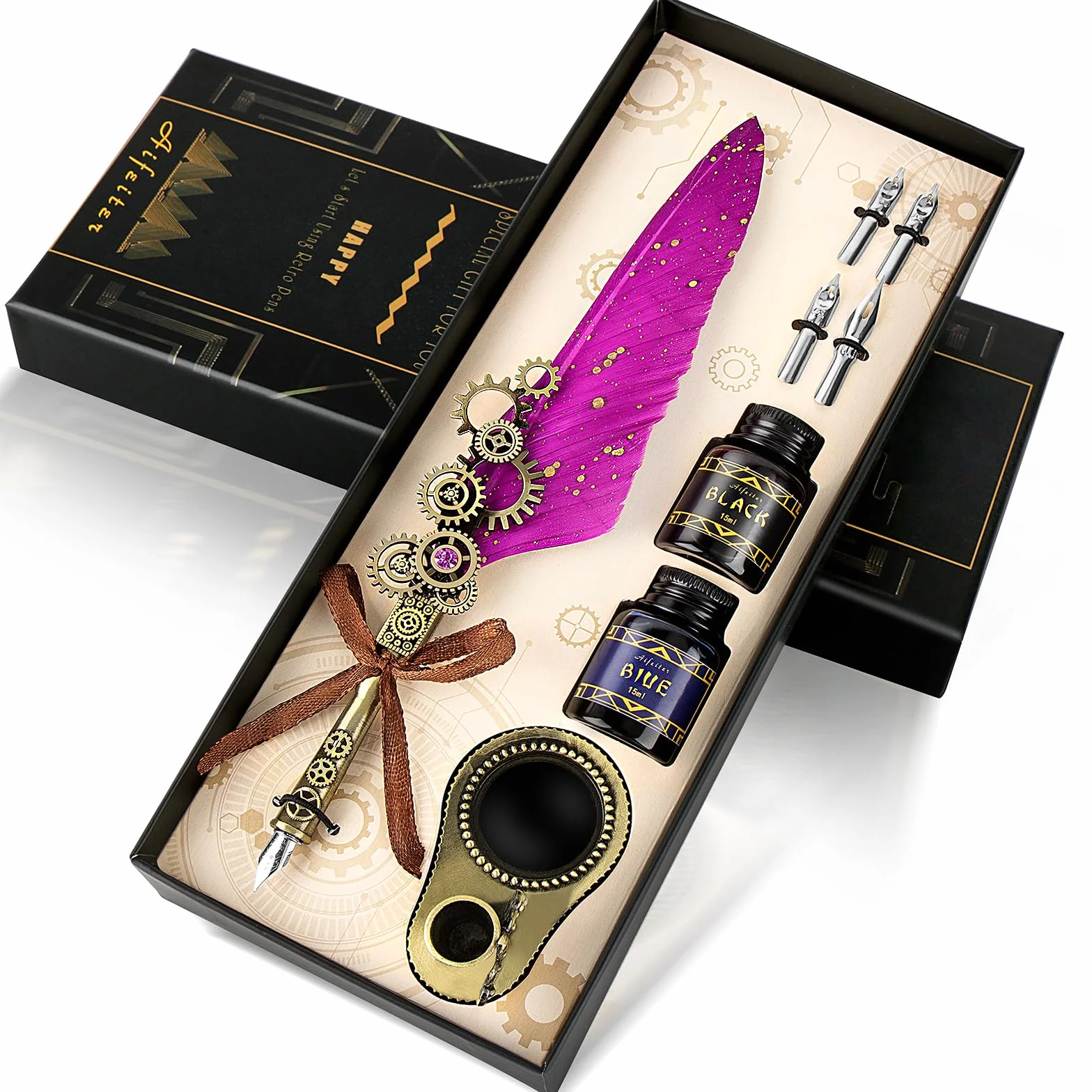 Set di penne per calligrafia, include una penna a piuma, 2 flaconi di inchiostro colorato, 2 in un supporto, 4 pennini in acciaio inossidabile, scatola regalo nera-blu