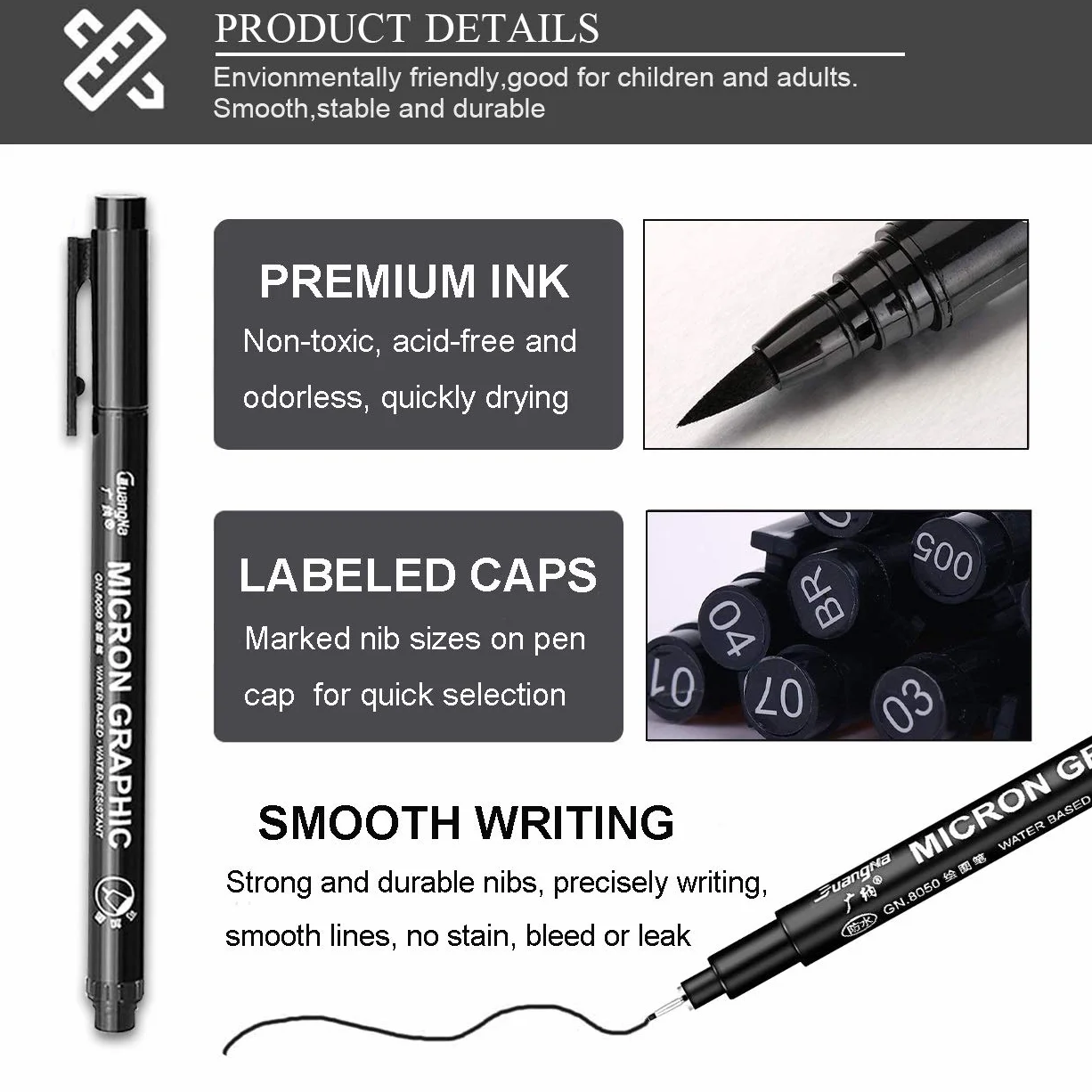 Black Fineliner Pen Set 12-Piece Micro Liner Drawing Sketching Pens